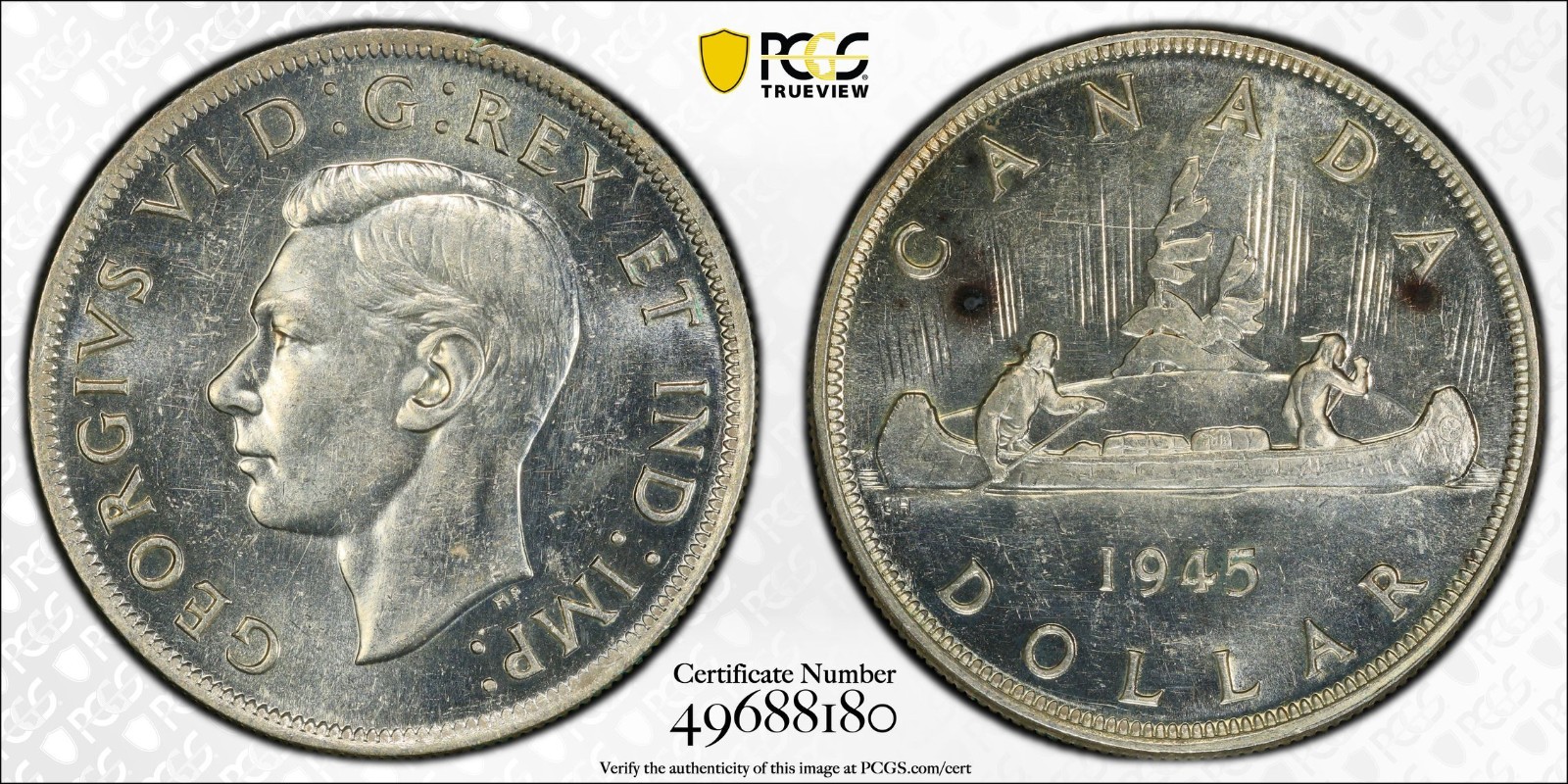 Canada, 1945 George VI Dollar. PCGS MS 62. 38,391 Mintage.