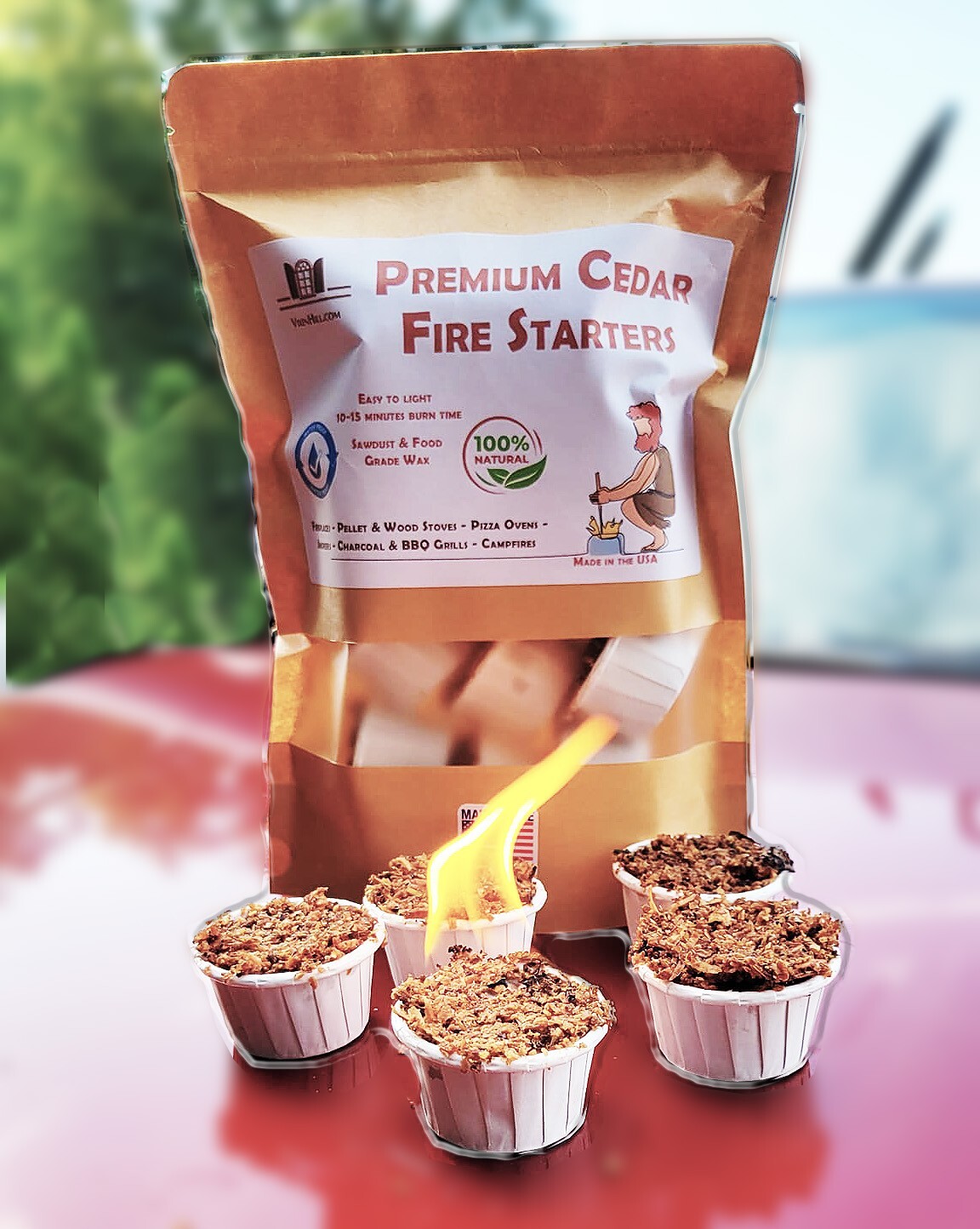 Fire Starter Pods - All Natural, Cedar and Wax, Waterproof - Box of 60
