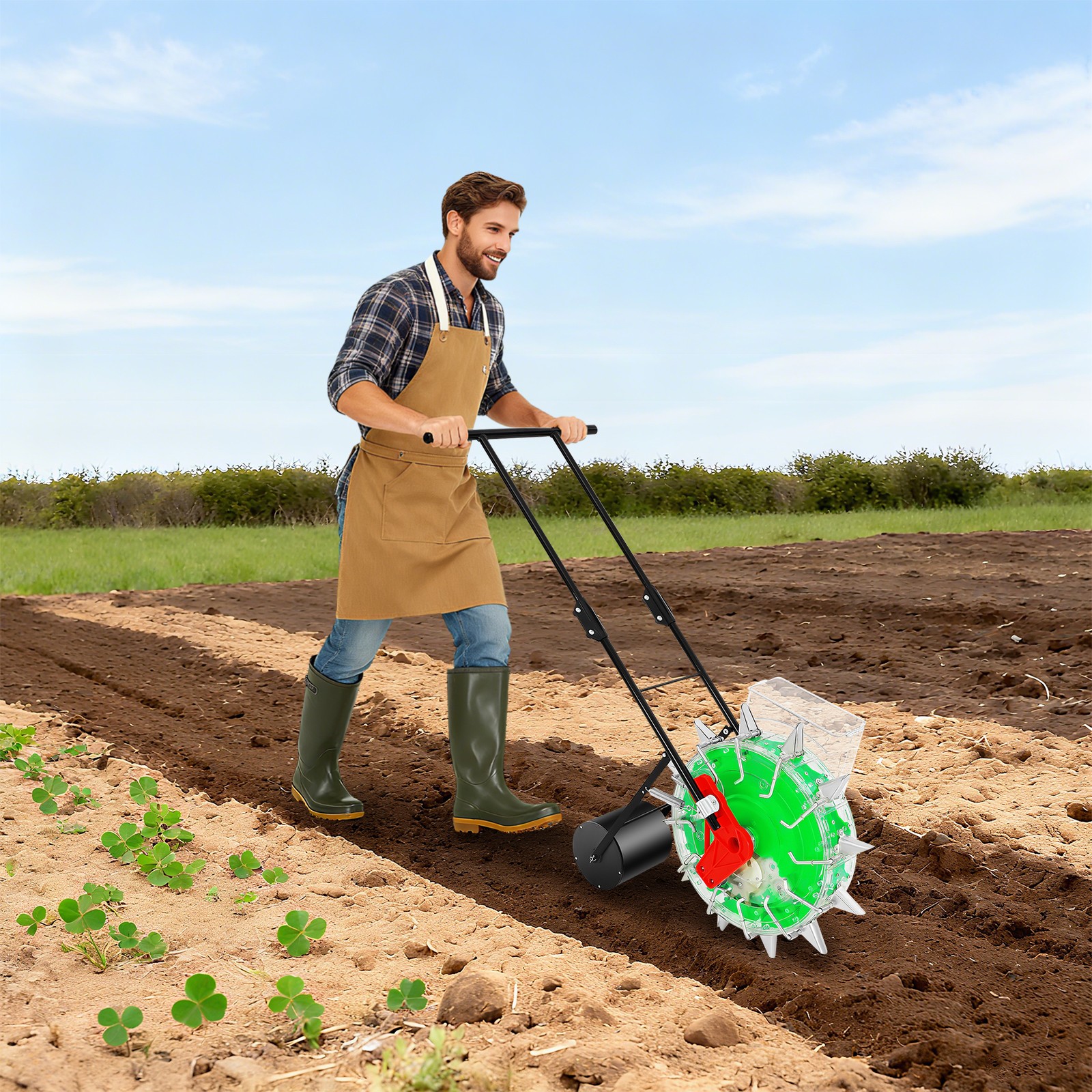 Manual Lawn & Garden Push Spreader Hand-Push Roller Seeder with 12 Seed Plates