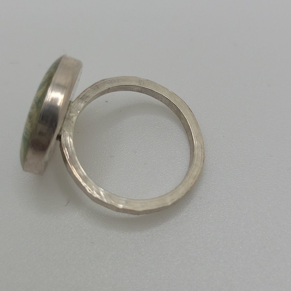 Artisan made green stamp ring silver. Size 5