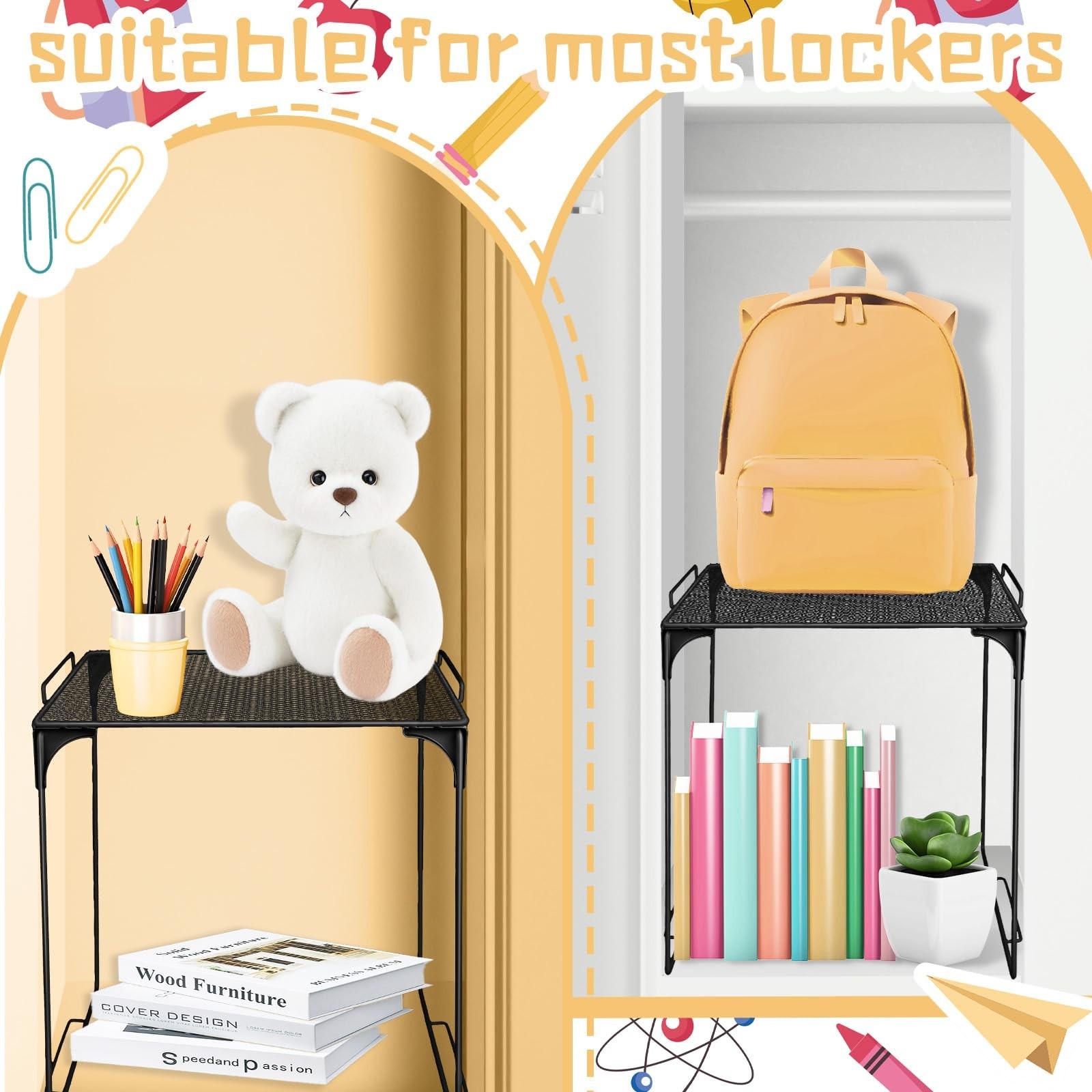 Demonwer 2 Pcs Black Stackable Locker Organizer Shelf