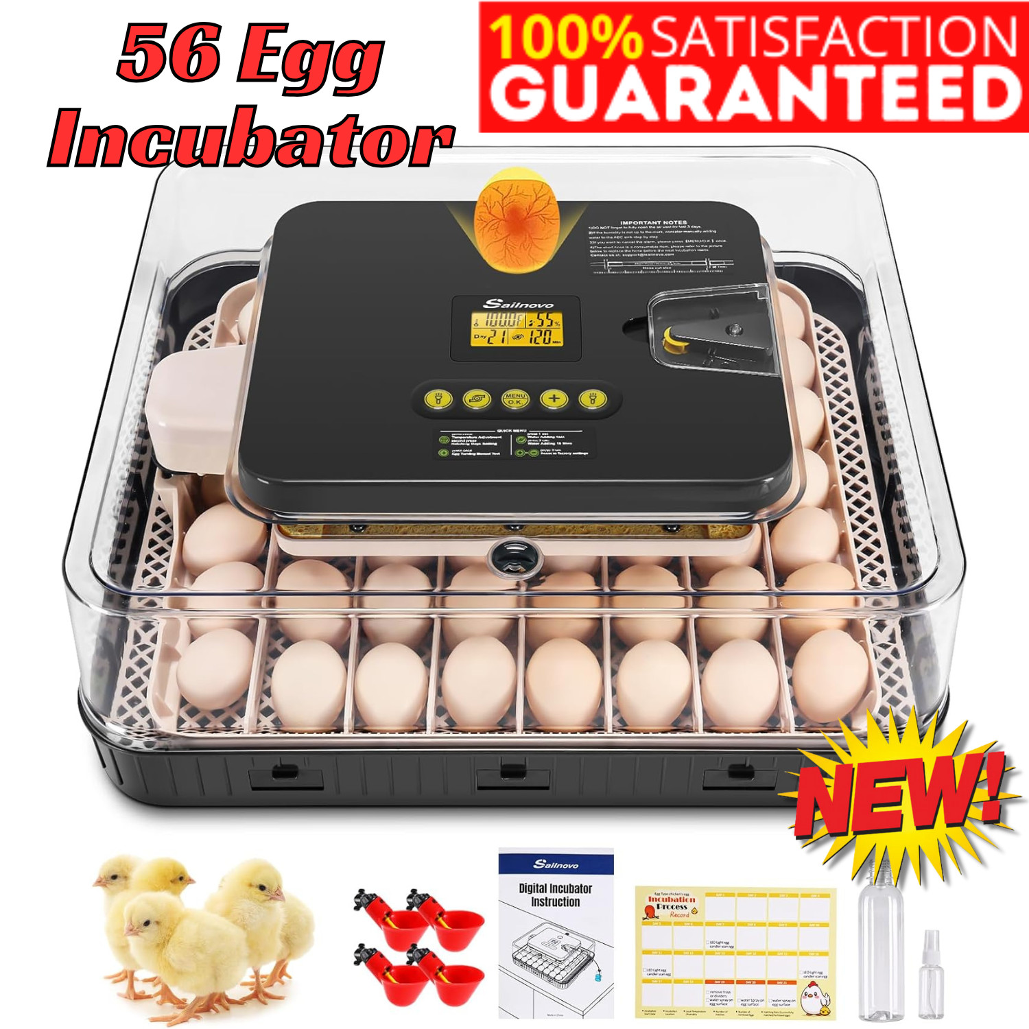 Egg Incubator for Hatching 56 Eggs w/Automatic Egg Turning Built-in LED Candler-