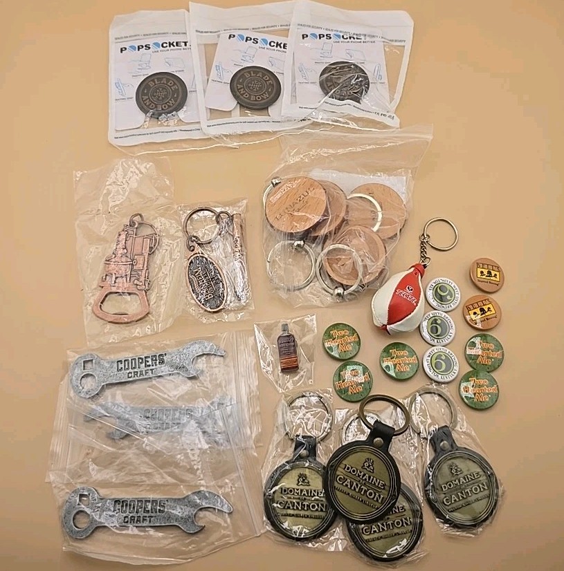 Lot Of Distillery Brewery Keychains Pins Buttons Berheim Bulleit Wheatley Tecate