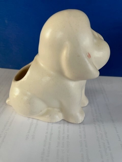 Antique Pure Plain Solid White Pottery Sitting Cute Puppy Dog Small 4" Planter