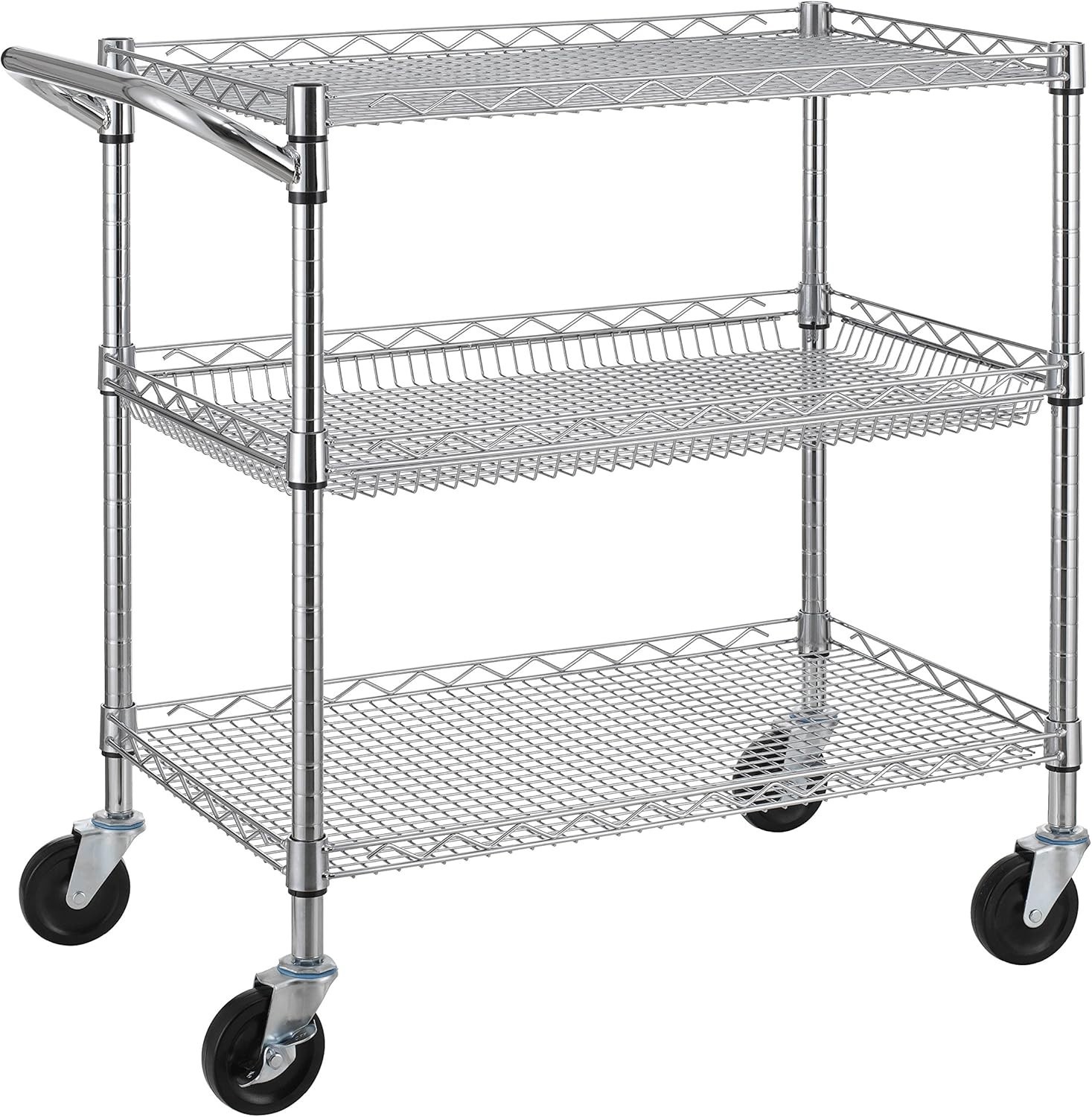 3 Tier Heavy Duty Commercial Grade Utility Cart Wire Rolling with Handle Bar