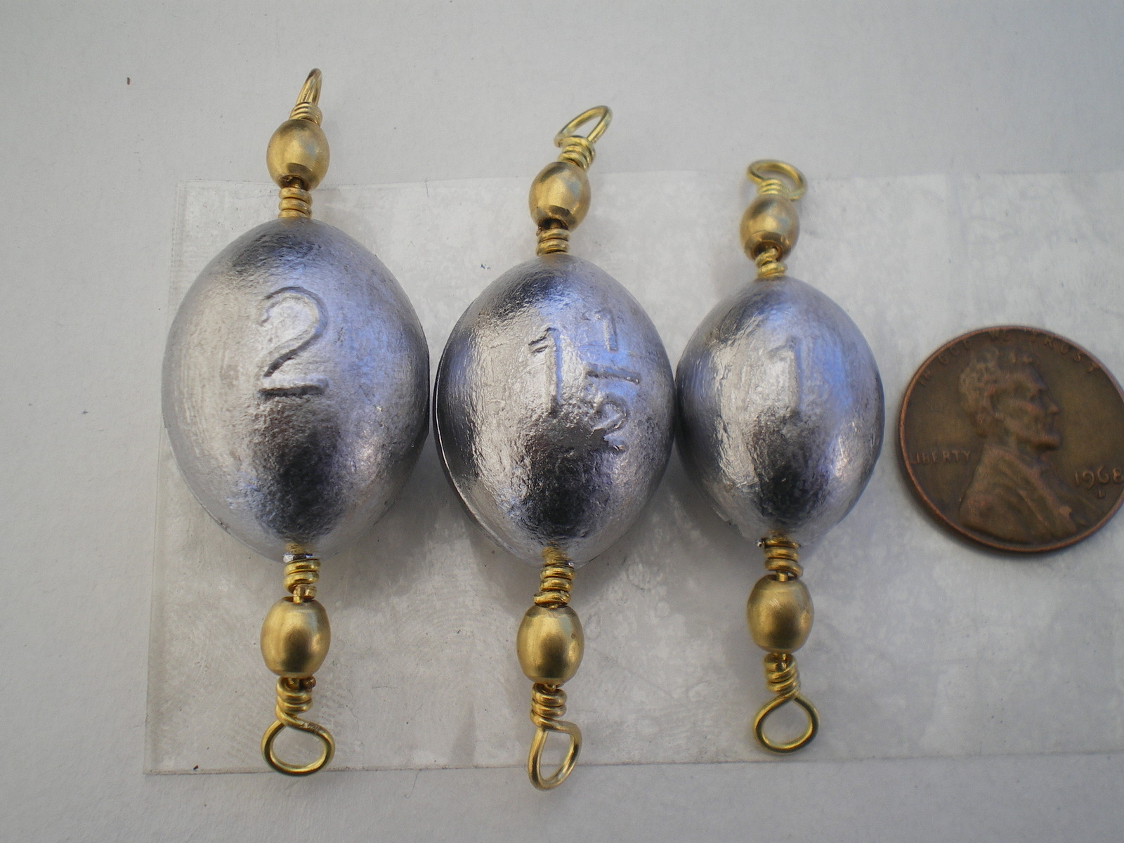 30 PCS. #5 BRASS SWIVEL EGG SINKERS 1, 1-1/2, 2, OZ. 10 EA. G/QUALITY "STRIPER"