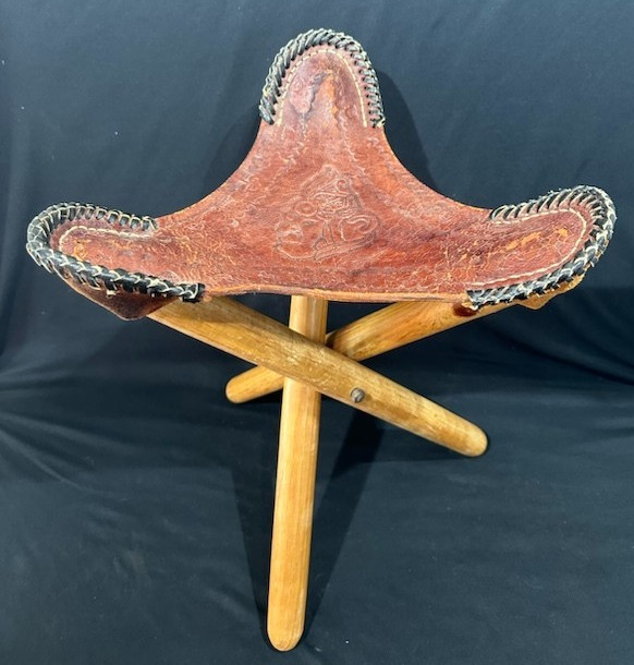 Tri Leg Folding Wood Stool Stitch Leather Seat Hand-Tooled Design Honduras