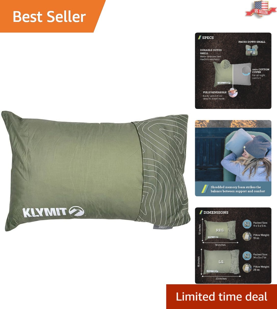 Plush Travel Pillow with Water-Resistant Cover - Drift Camping Pillow in Green