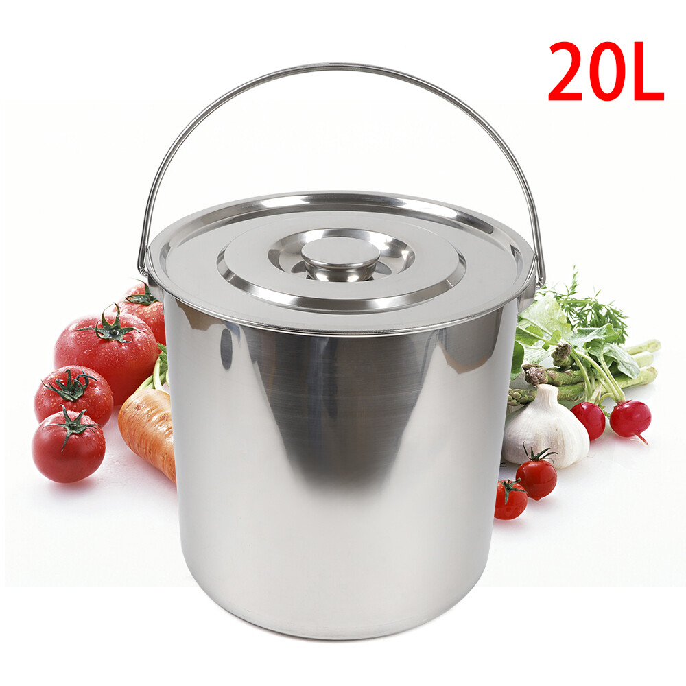 Extra Thick 12/20L Stainless Steel Barrel Bucket Food Water storage w/ Lid New