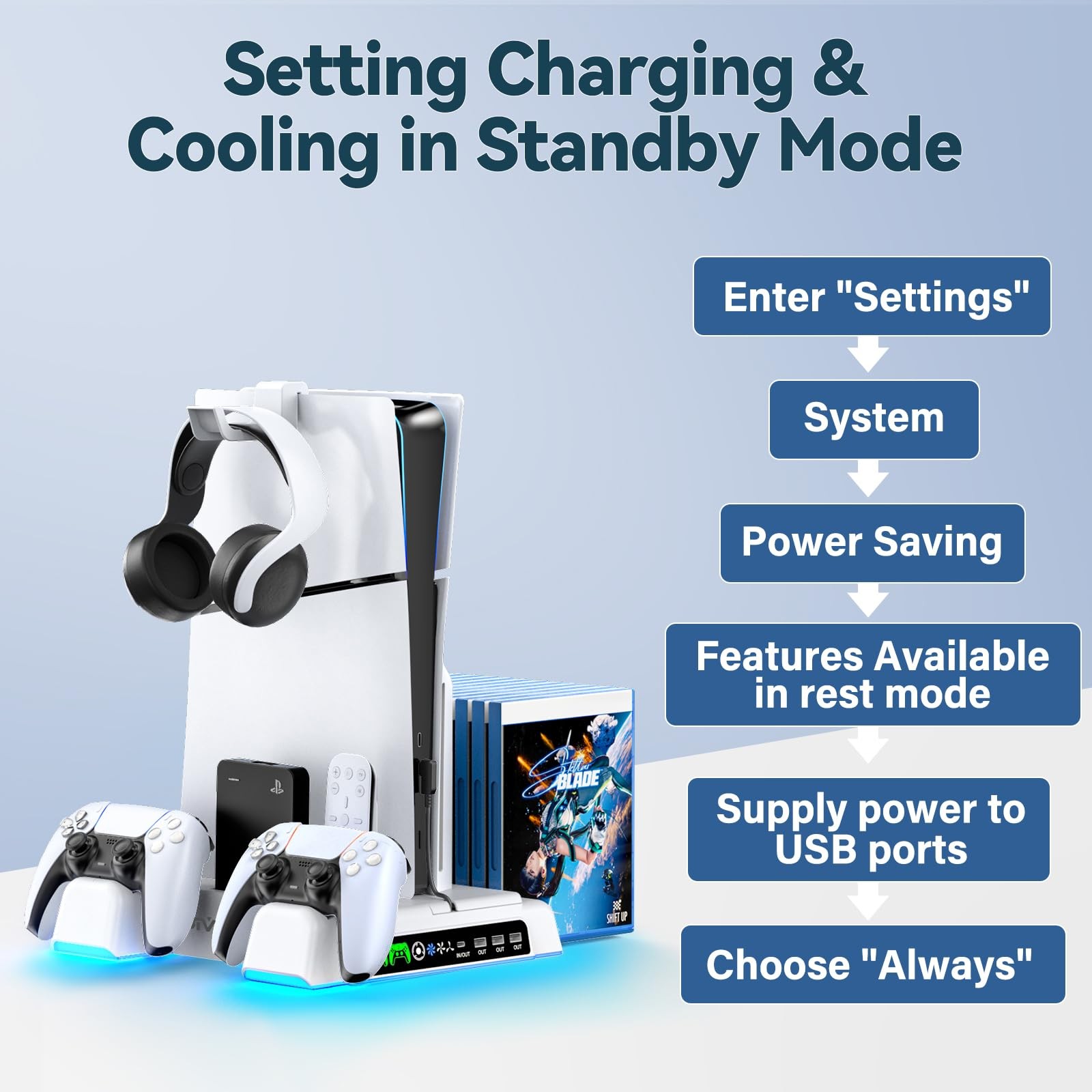 PS5/Slim/Pro Stand and Cooling Station with LED Controller Charging All White