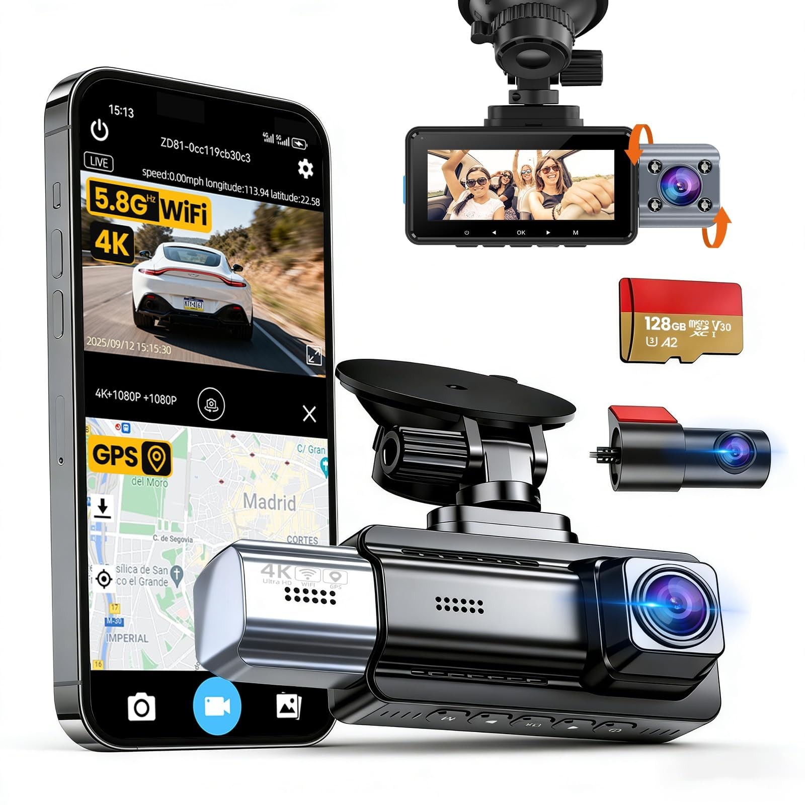 JIMIMAX 4K+1080P+1080P 3 Channel Dash Cam Front and Rear with Cabin
