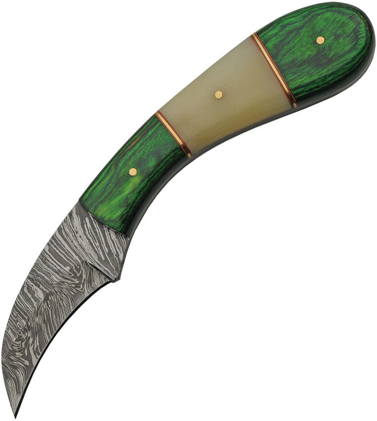 Damascus Hook Hunter Green Wood/Camel Bone Fixed Blade Knife w/ Sheath 1260GN