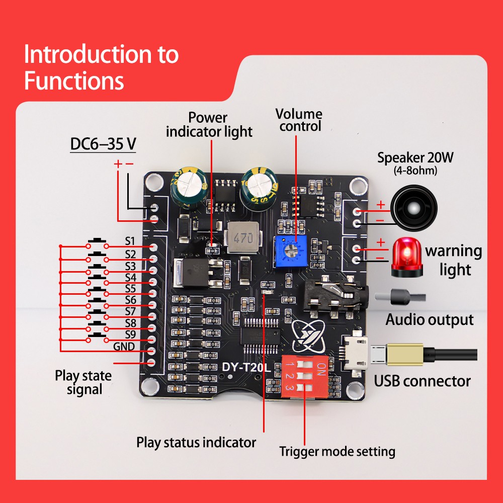 10W 20W MP3 Player Sound Module Voice Playback Board 9CH One-for-One DUWK