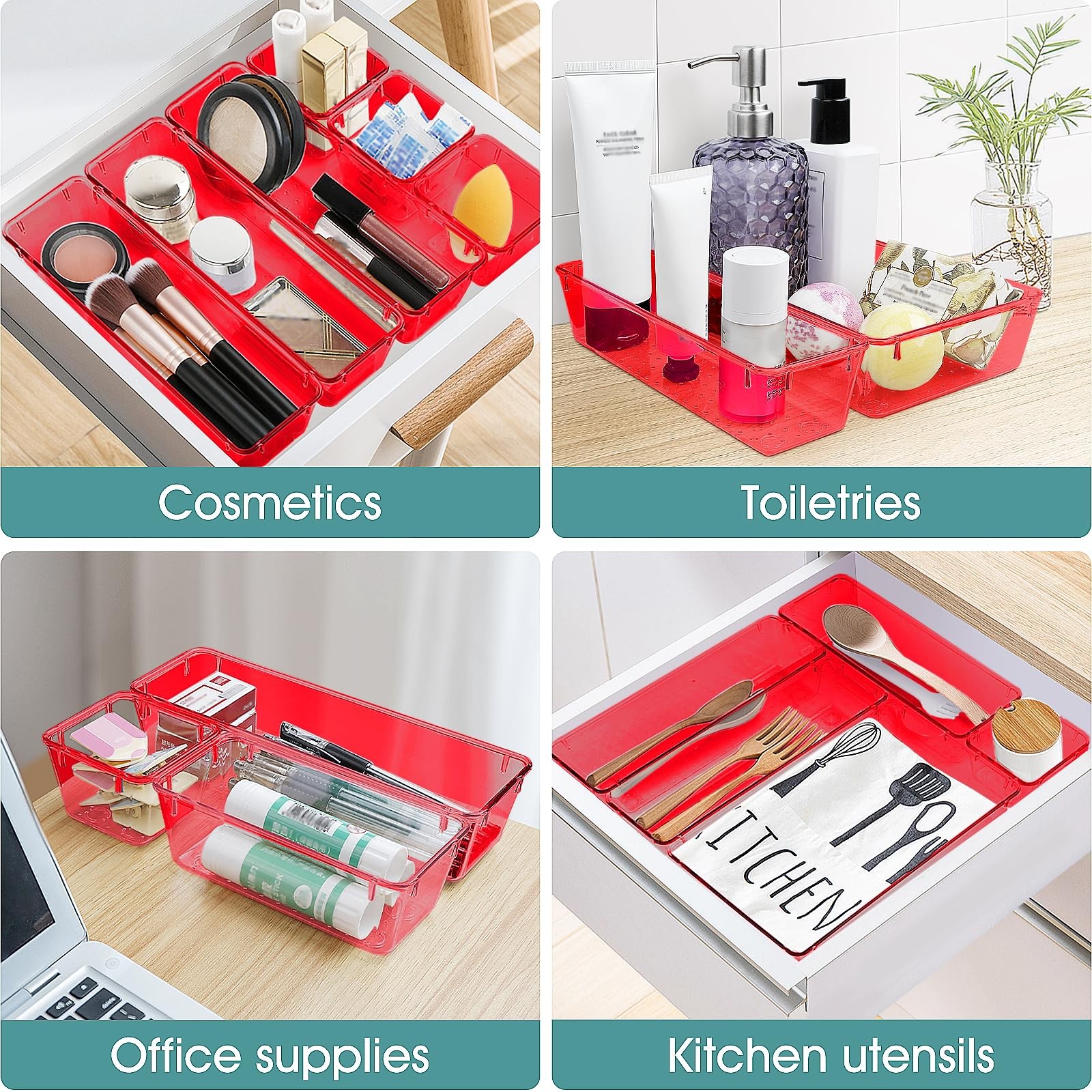 WOWBOX 25 PCS Plastic Drawer Organizer Set, 4 Sizes Desk Drawer Divider Organ...