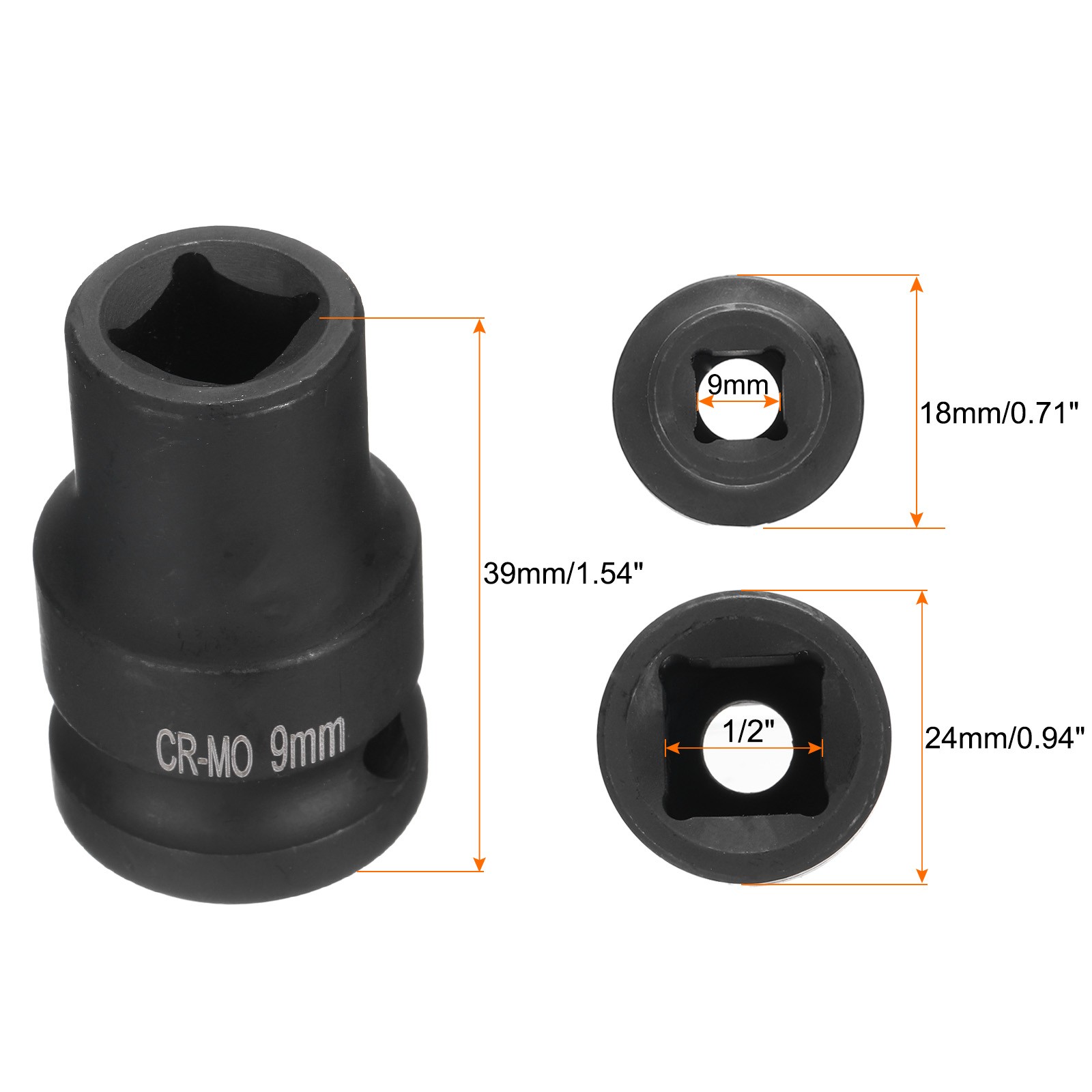 4 Point Square Socket 1/2" Drive 9mm Metric CR-MO Square Impact Wheel Socket