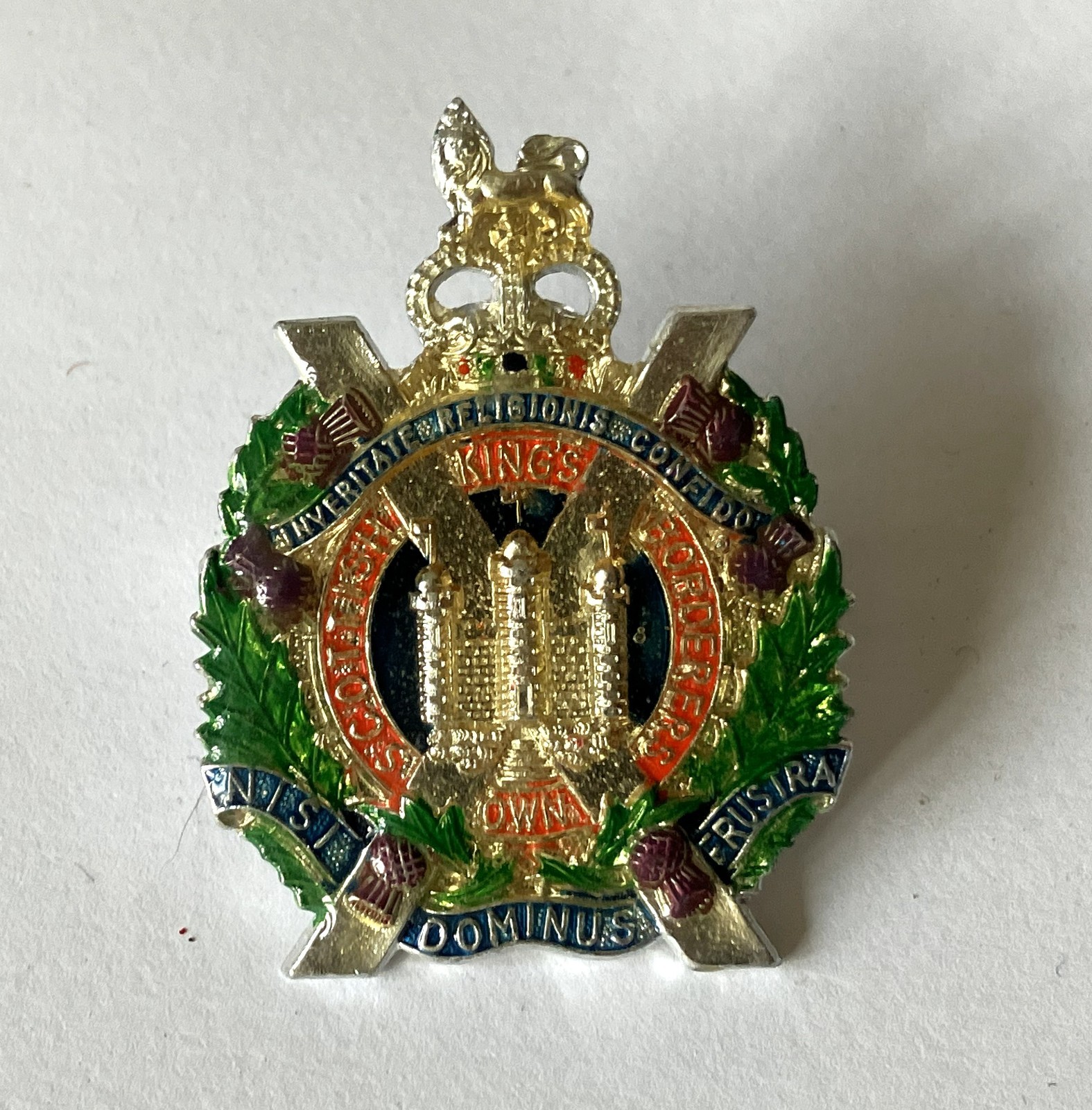 British Army King's Own Scottish Borderers metal & enamel badge, 32mm wide