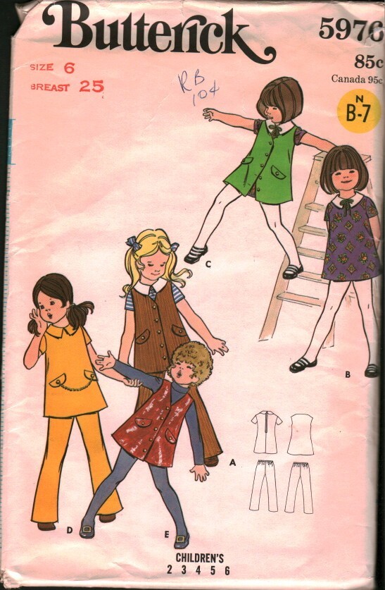5976 Butterick Vintage SEWING Pattern 1970s Girls Dress Jumper Pants OOP Play 6