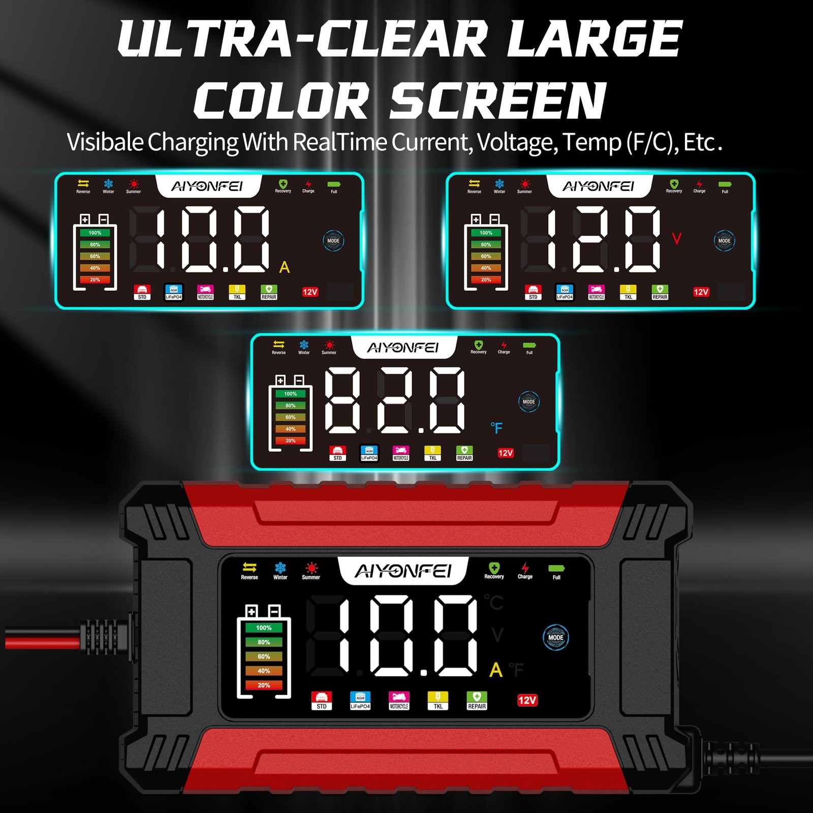 AIYONFEI 12V 10A Battery Charger, 9-Stage Smart Trickle Charger with LED Red