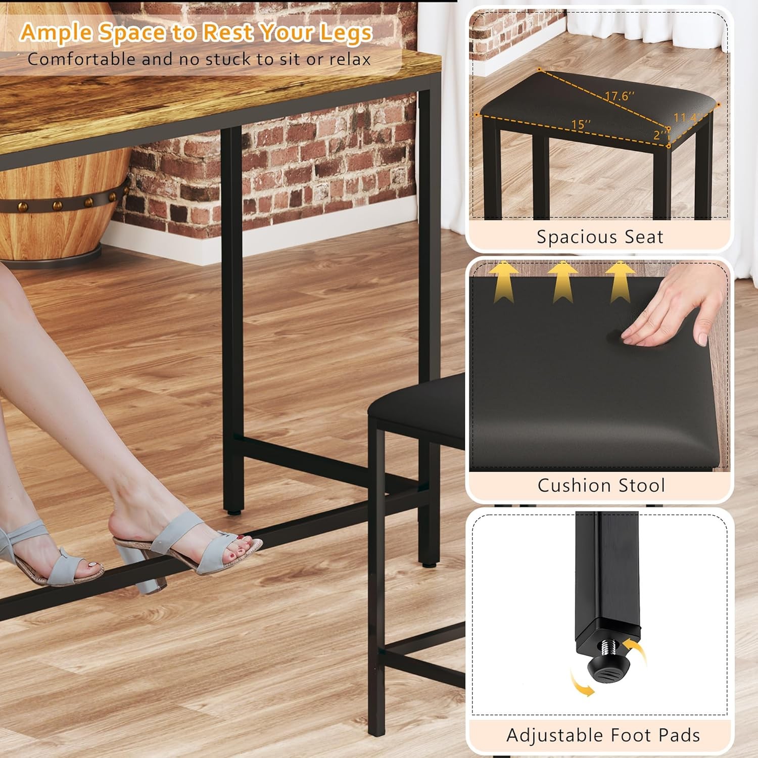 L Shaped Bar Table with Stools, 63‘’ Bar Height Table with Power Outlets,
