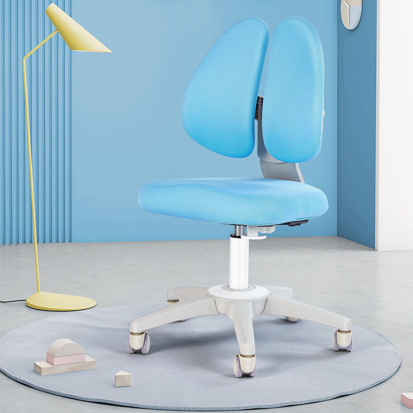Blue Kids Study Chair Adjustable Height & Seat Depth Auto Brake Caster Boy Chair