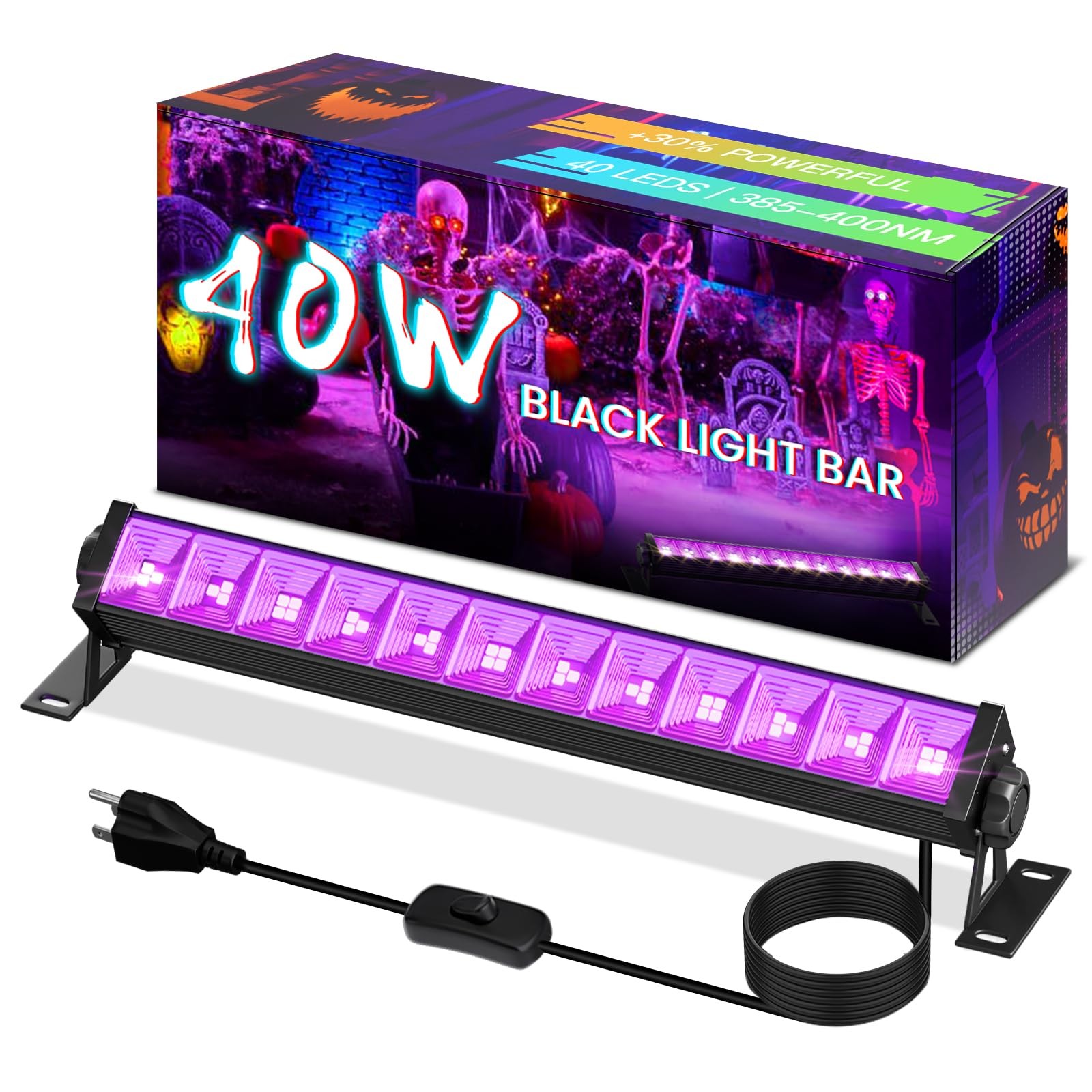 YIAYETOG 40W LED Black Light Bar, Lights with Switch+6ft 1 Count,