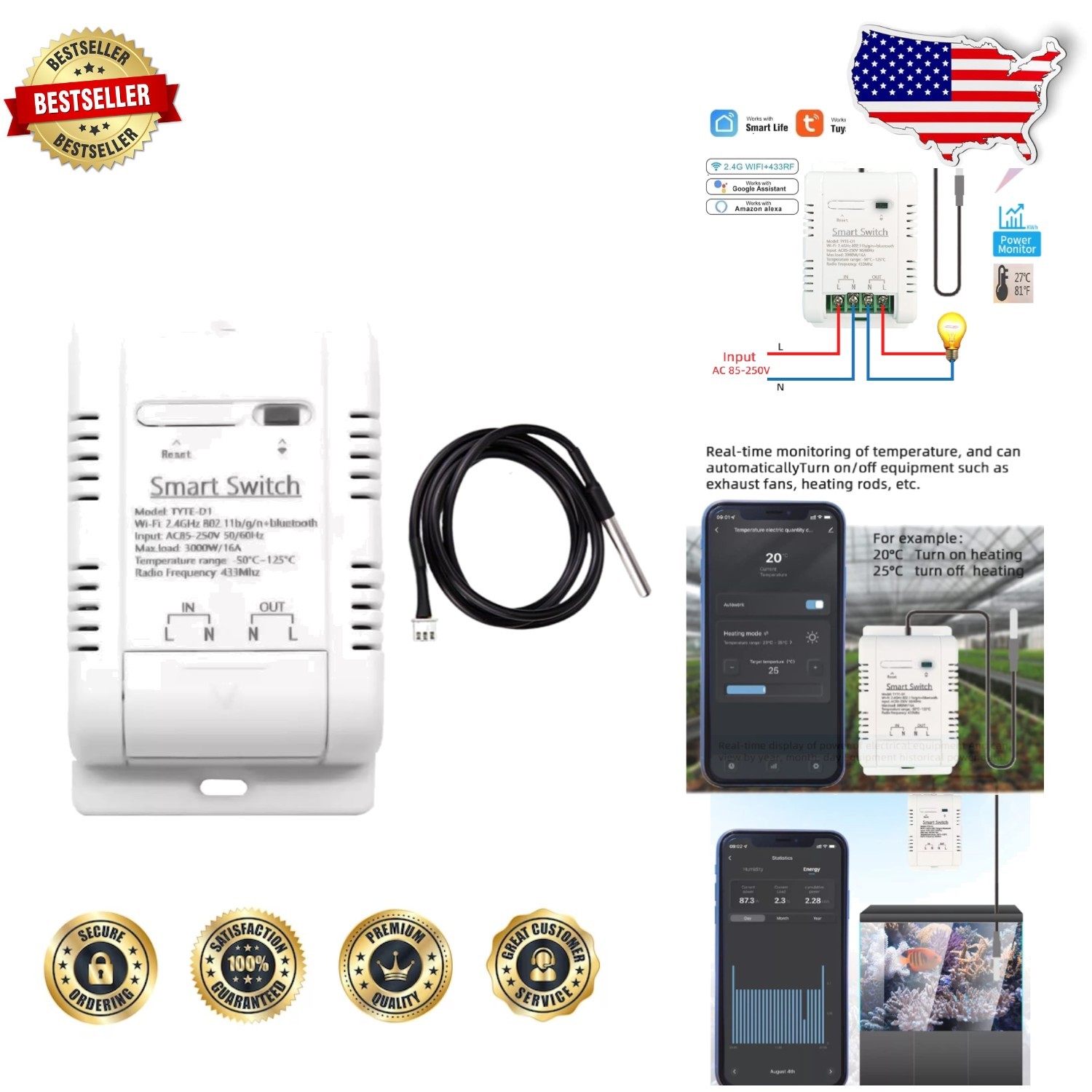 Smart Temp Controller WiFi Switch, 16A Tuya App Remote Monitor, Alexa Google ...