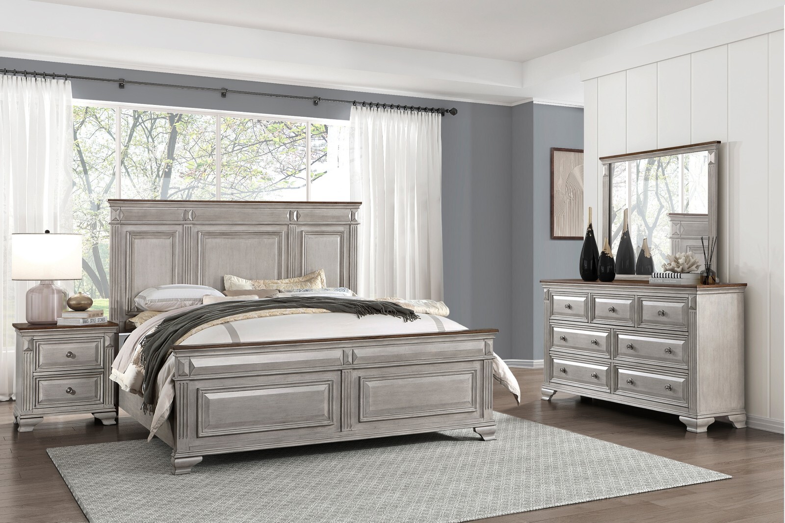 NEW Two-Tone Gray Brown Queen King 4PC Transitional Farmhouse Bed Set Bed/D/M/N