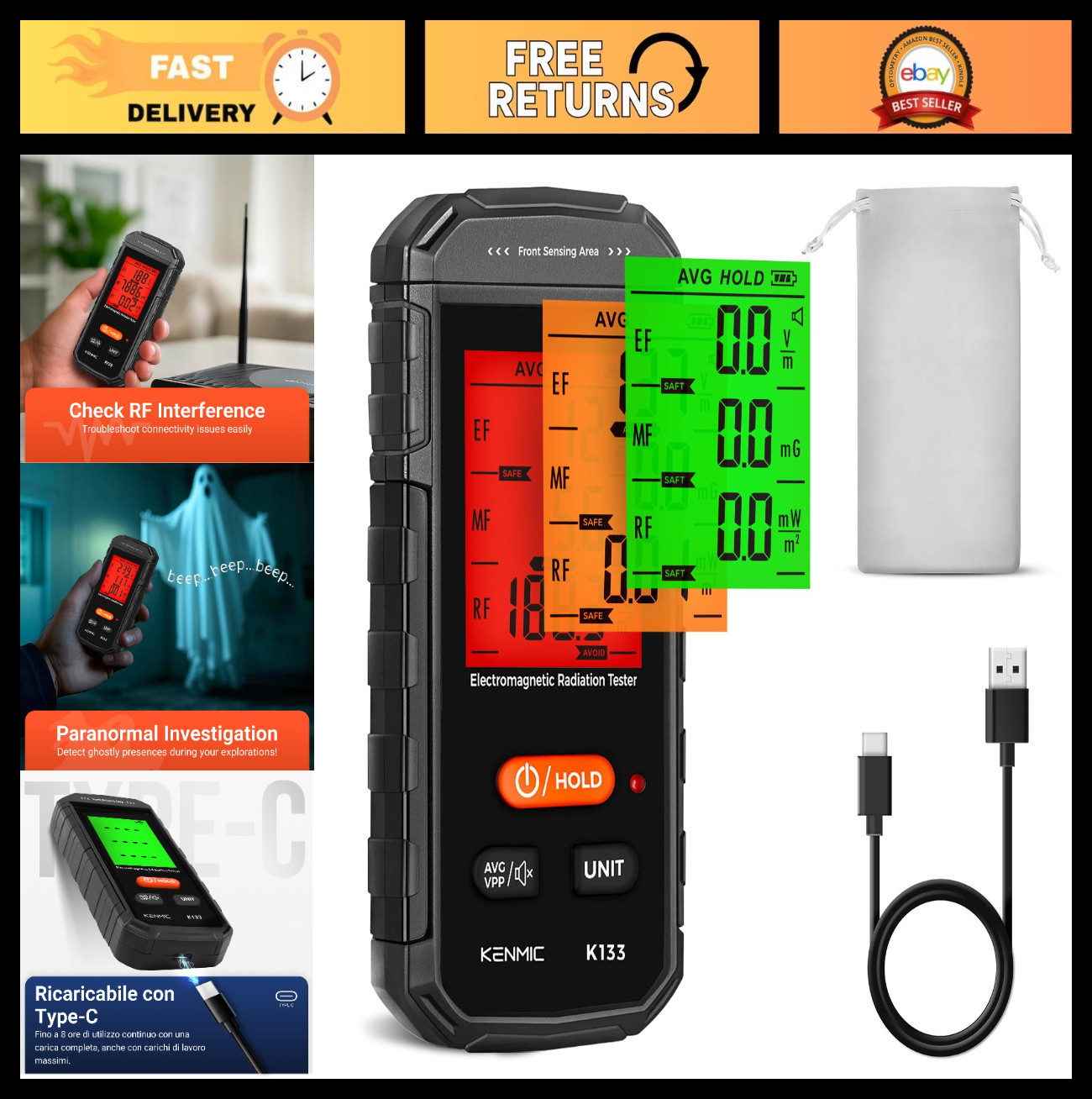 3-in-1 EMF Meter Detector | Portable Electromagnetic Field Radiation Tester for