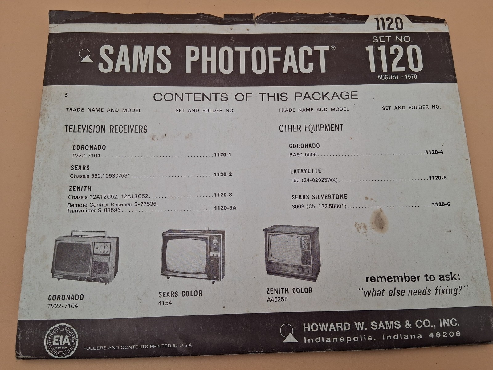 Vtg. Complete - Sams Photofact Folder Set - #1120 Aug. 1970 - Schematics Etc..