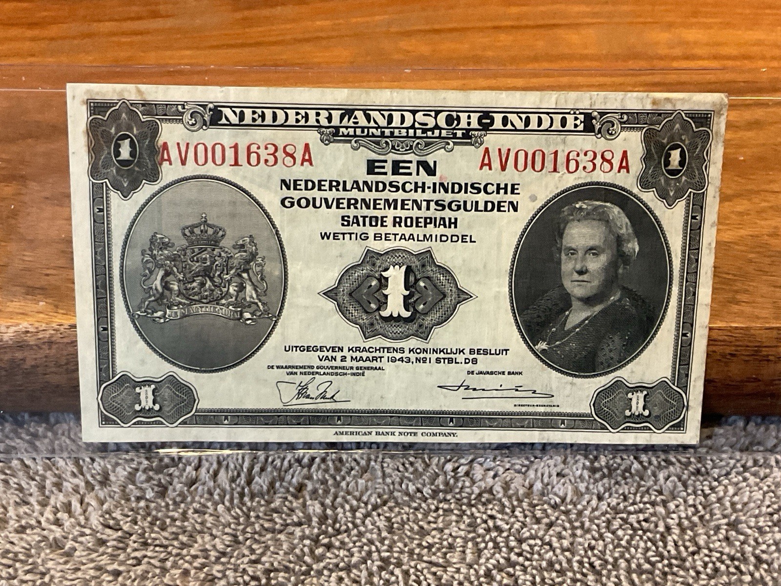 NEDERLANDSCH INDIE 1943 1 EEN BANKNOTE—CIRCULATED EX