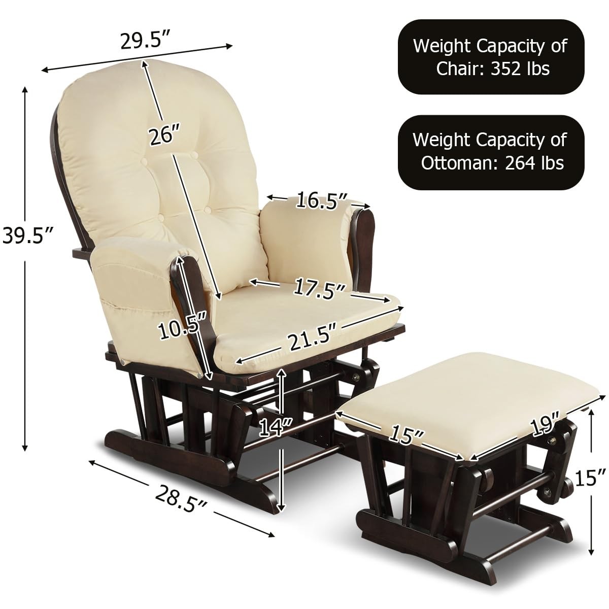 Costzon Glider and Ottoman Set, Wood 29.5” x 28.5” x 39.5” (L x W x H), Beige