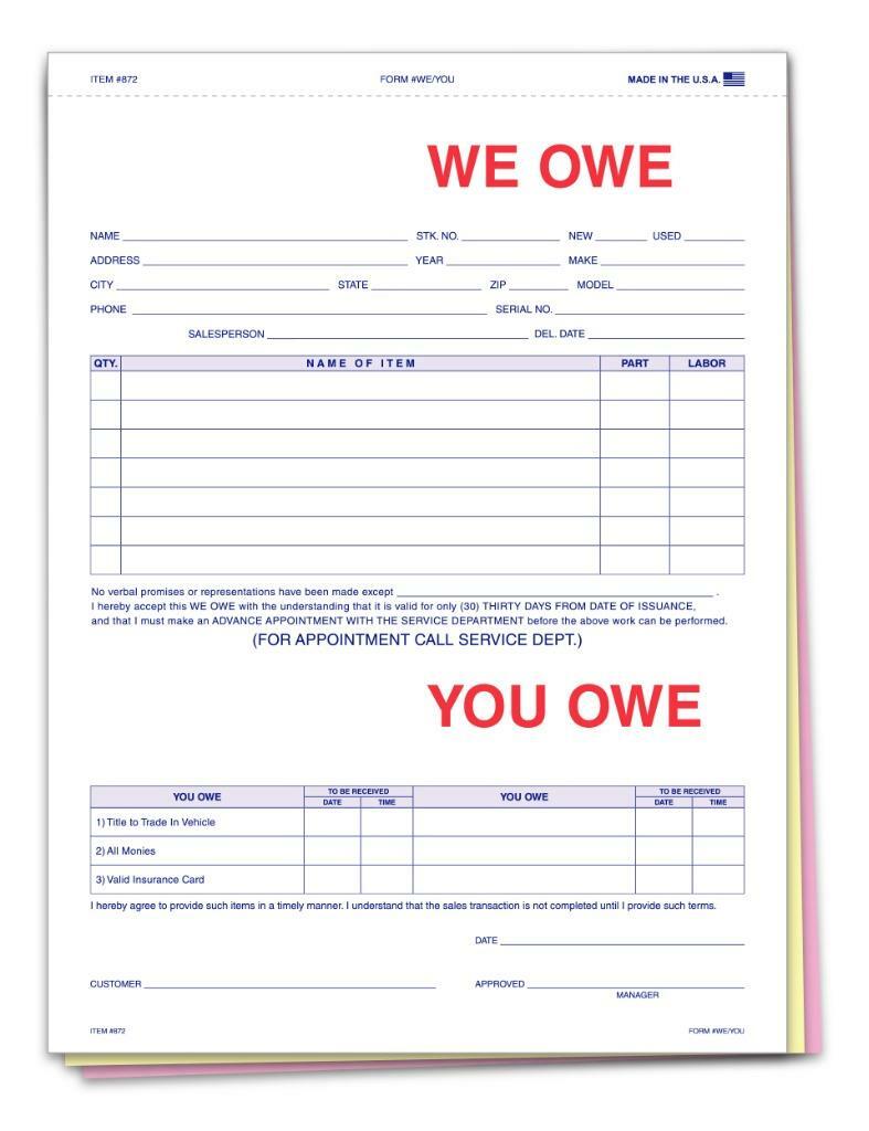WE OWE / YOU OWE - 872 - 3 PART - QTY. 100 / Item # 872