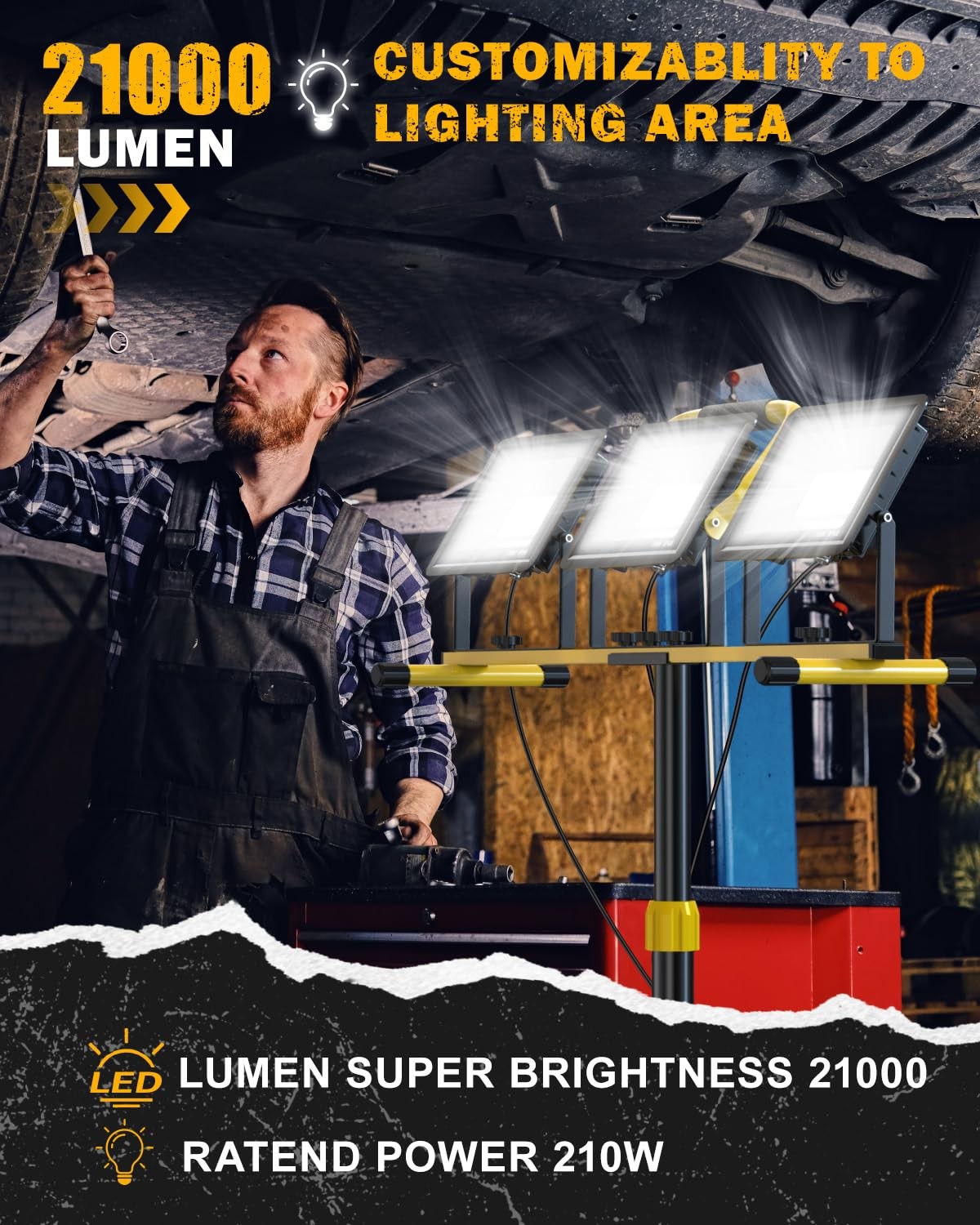 LED Work Light with Stand, 21000 Lumens Super Bright, 3-Head Adjustable Const...