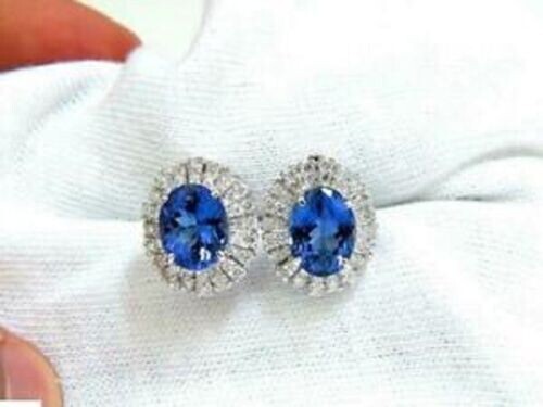 6Ct Oval Cut Blue Tanzanite Diamond Halo Omega Stud Earrings 14K White Gold Over