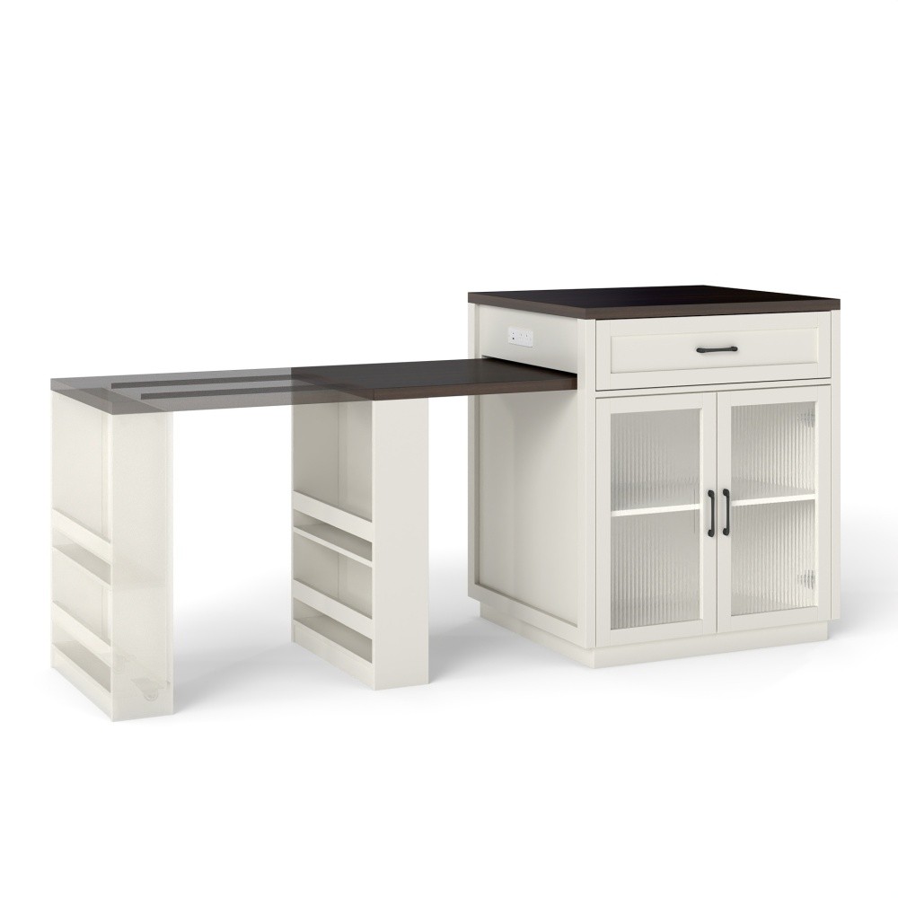 Extendable Kitchen Island Table with Power Outlet Storage Glass Doors Walnut