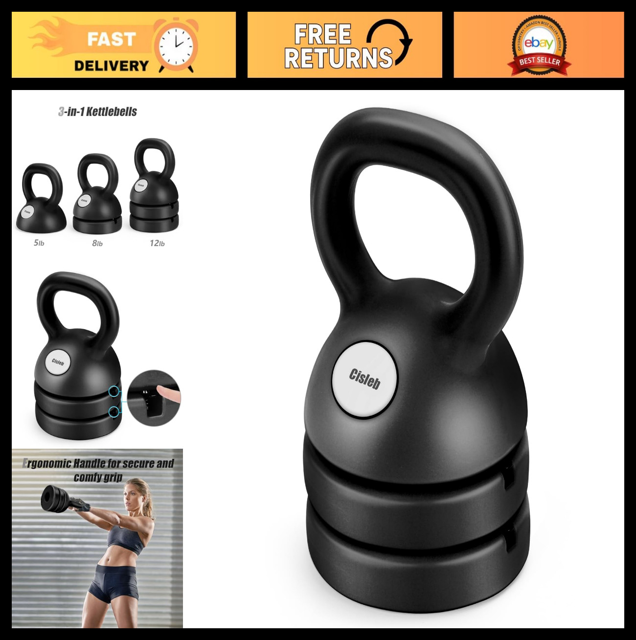 Adjustable 3-in-1 Kettlebell Set (5lbs, 8lbs, 12lbs) for Home Gym Strength Train