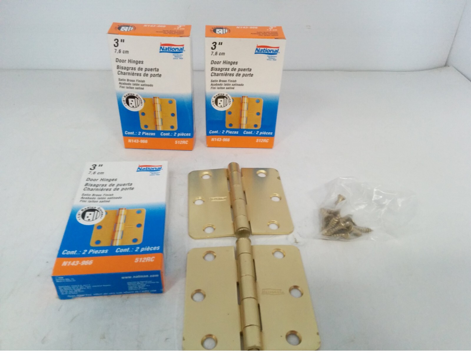 NATIONAL N143-966 DOOR HINGES, 3" SATIN BRASS, 3 BOXES OF 2 (6 TOTAL) NIB