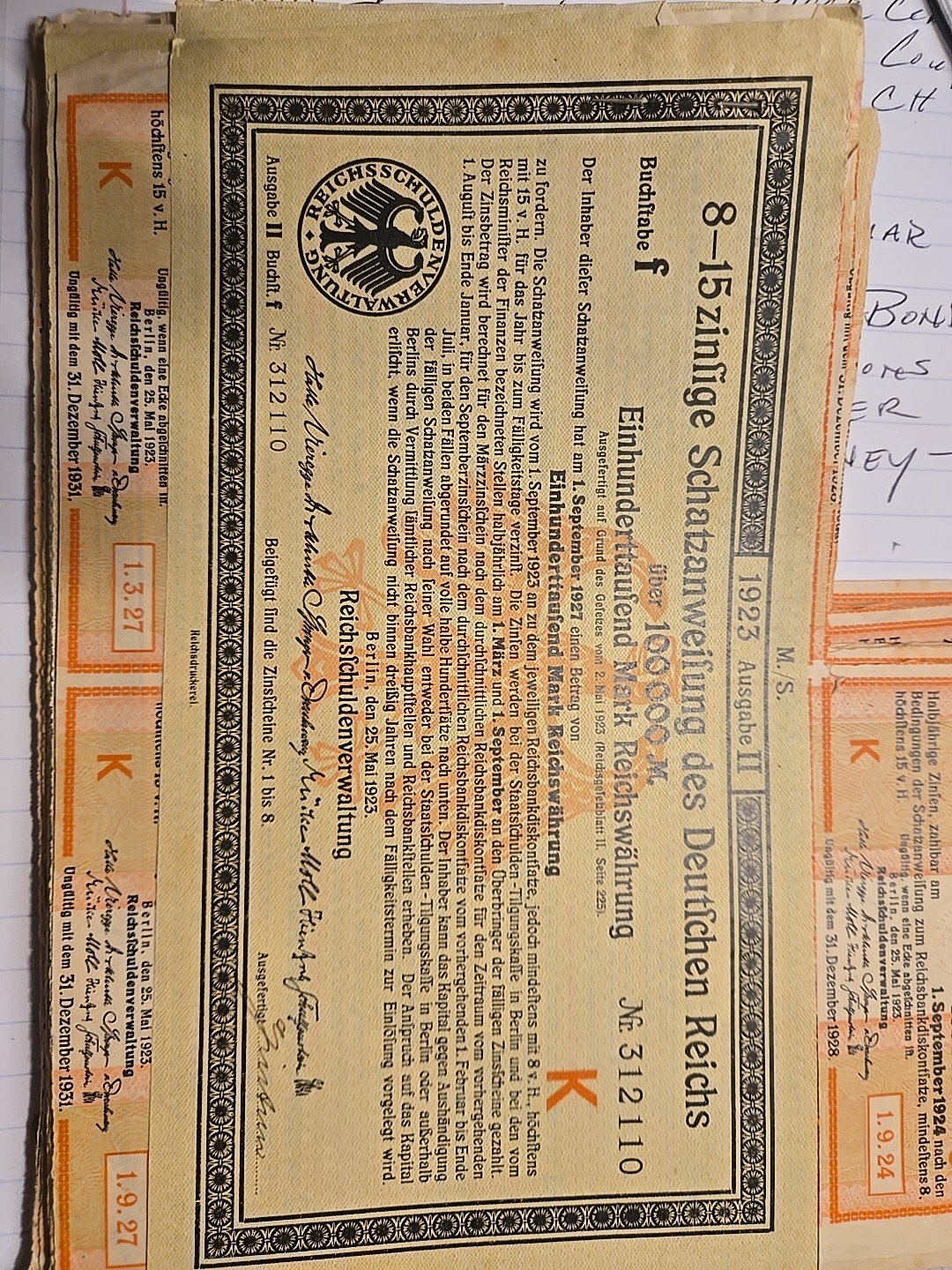 GERMANY 🇩🇪 ONE HUNDRED THOUSAND MARK (100,000) TREASURY BOND CERTIFICATE 1923