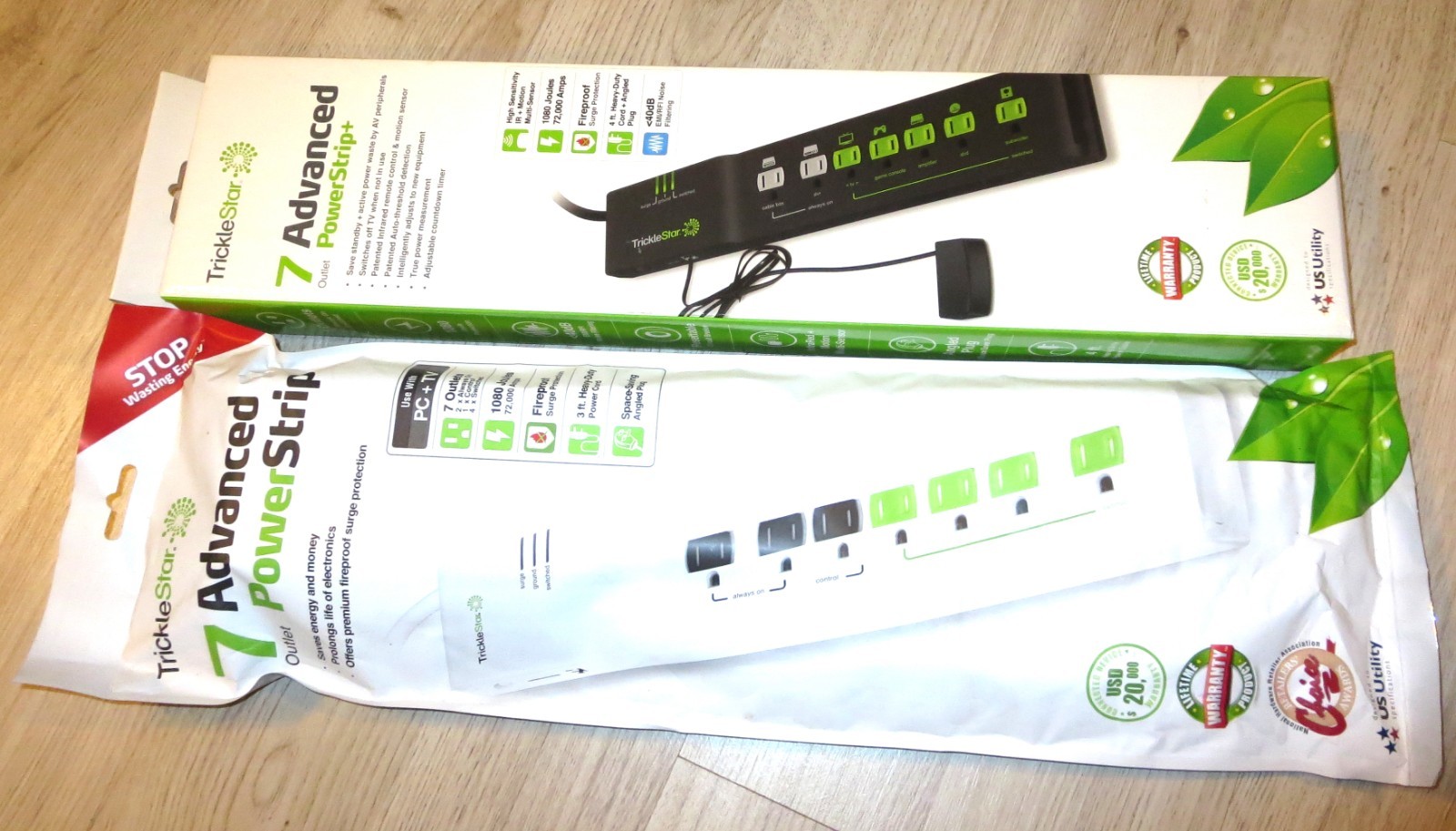 TWO - TrickleStar 7 Outlet Advanced Power Strip Surge Protection, White & Black