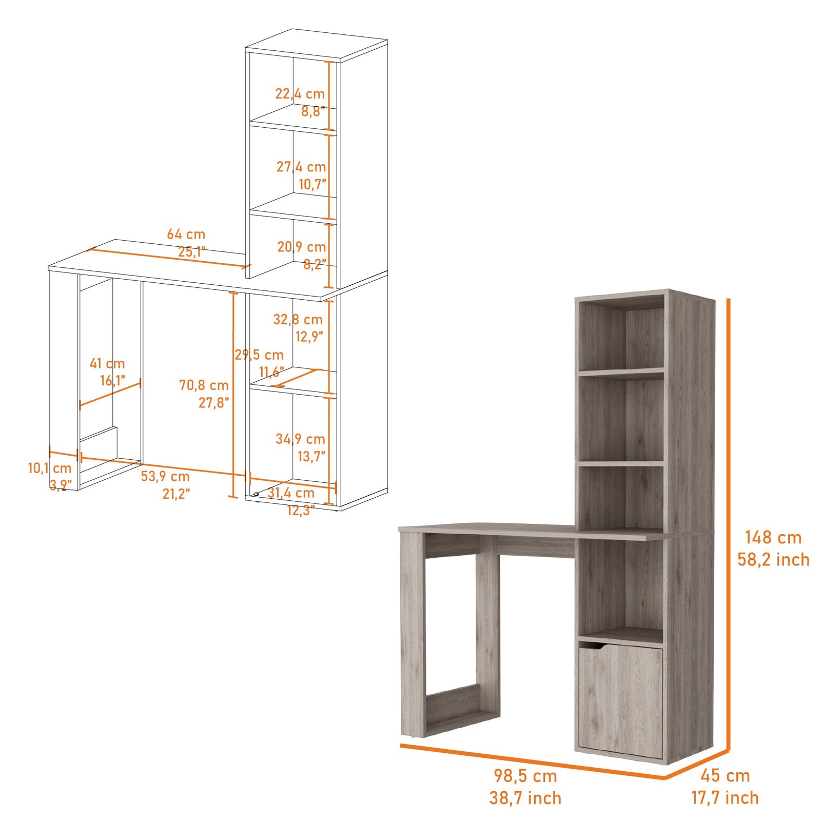 Riverton Computer Desk with Bookcase 4-Tier Shelf and Cabinet