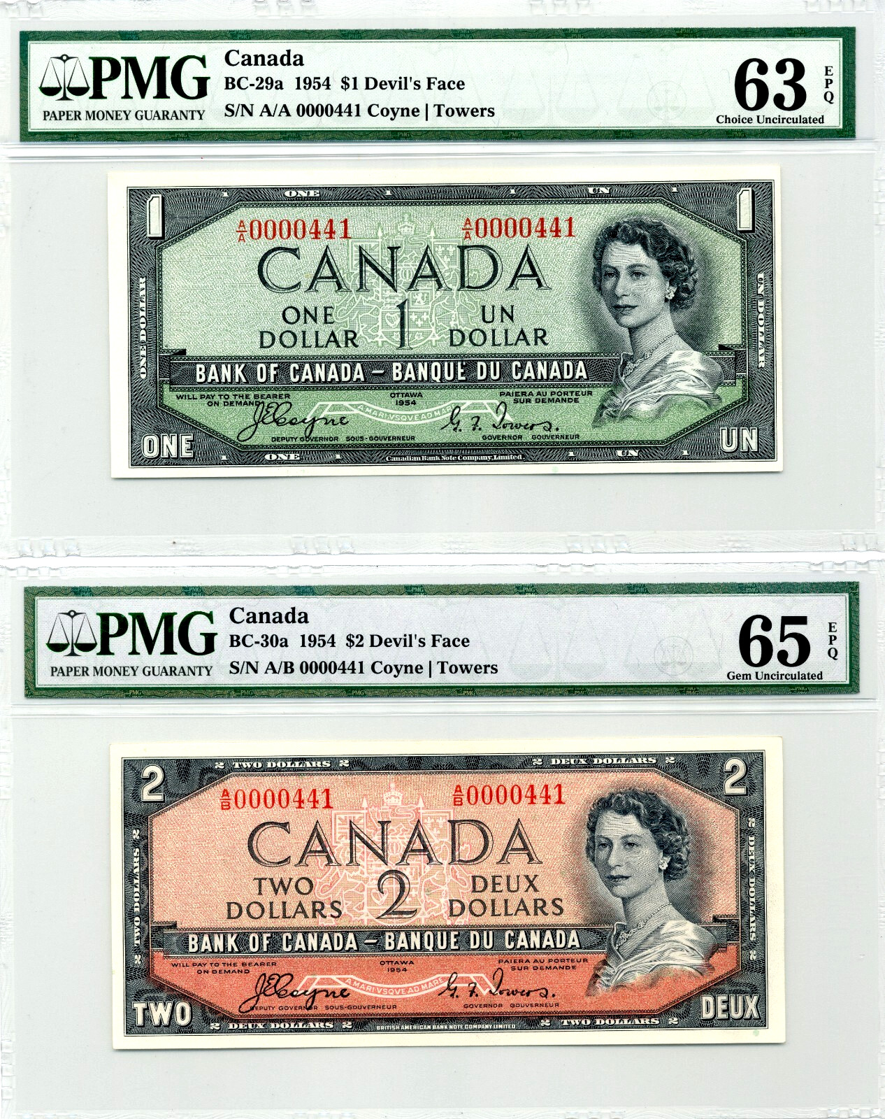 1954 $1 & $2 Devil's Face SET - Same LOW Serial #0000441 - PMG CUNC63/GUNC65 EPQ