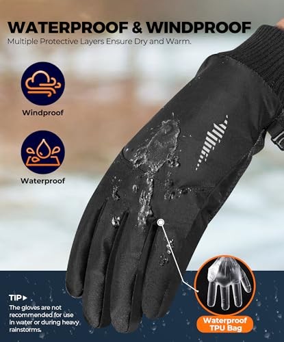 Snow Winter Gloves made with Waterproof/Touchscreen/Thermal Warm Medium Black