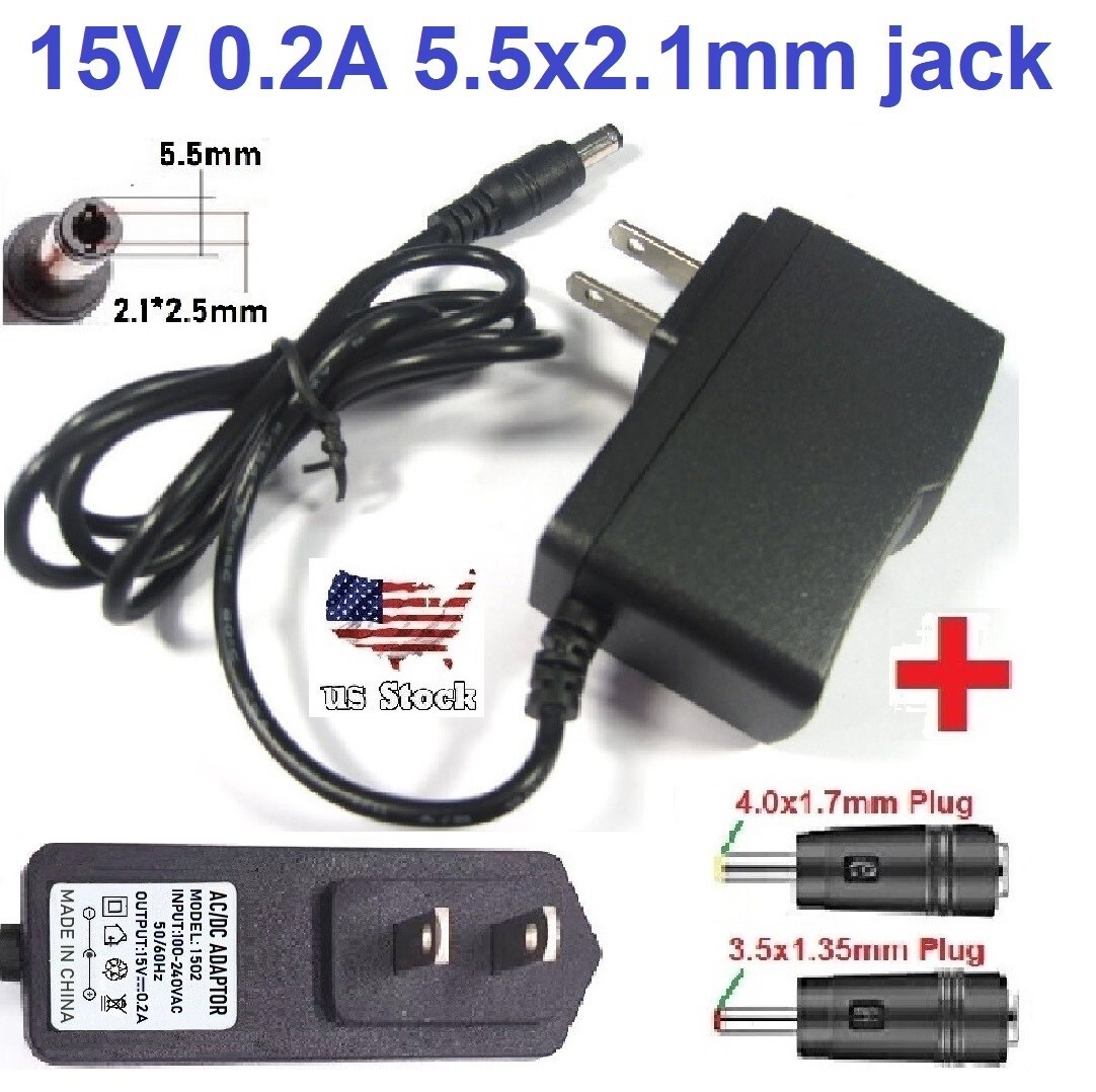 15V 0.2A AC/DC Adapter Power Supply Charger with 5.5x2.1mm +2 DC Power Plug Tips