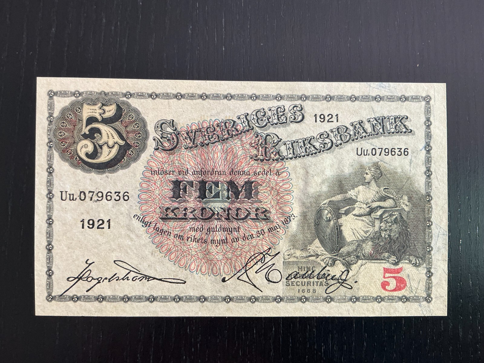 Sweden 5 kronor 1921 UNC P-33d