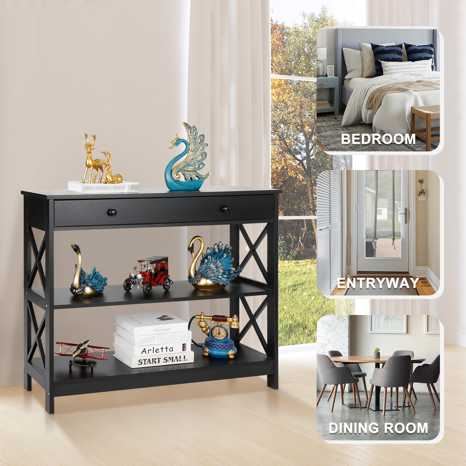 Wood Console Table 3 Tier Narrow Entryway End Sofa Table w/Storage Drawer Black