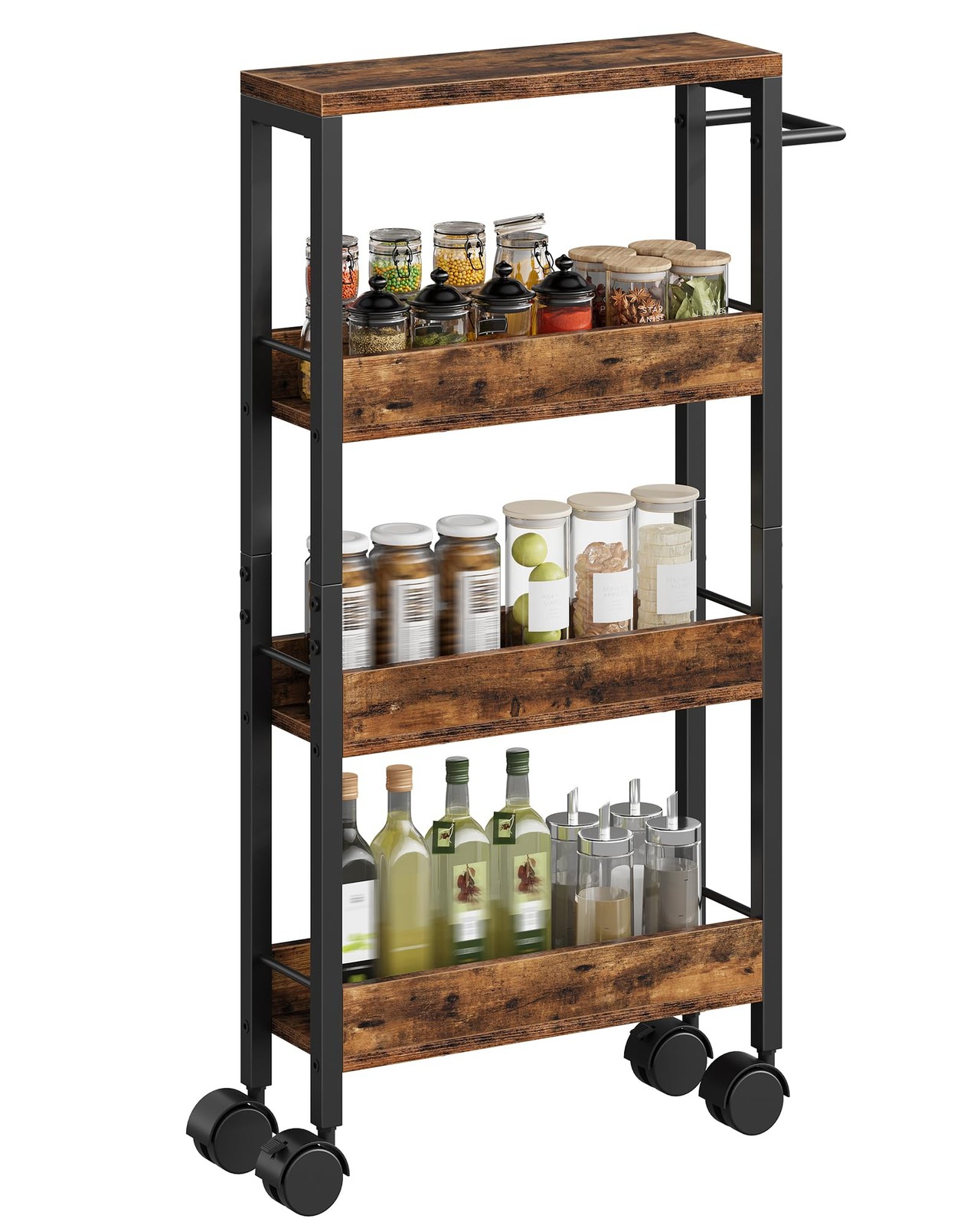 4Tier Slim Storage Cart 5.1 Inch Kitchen Serving Trolley Rustic Brown Black