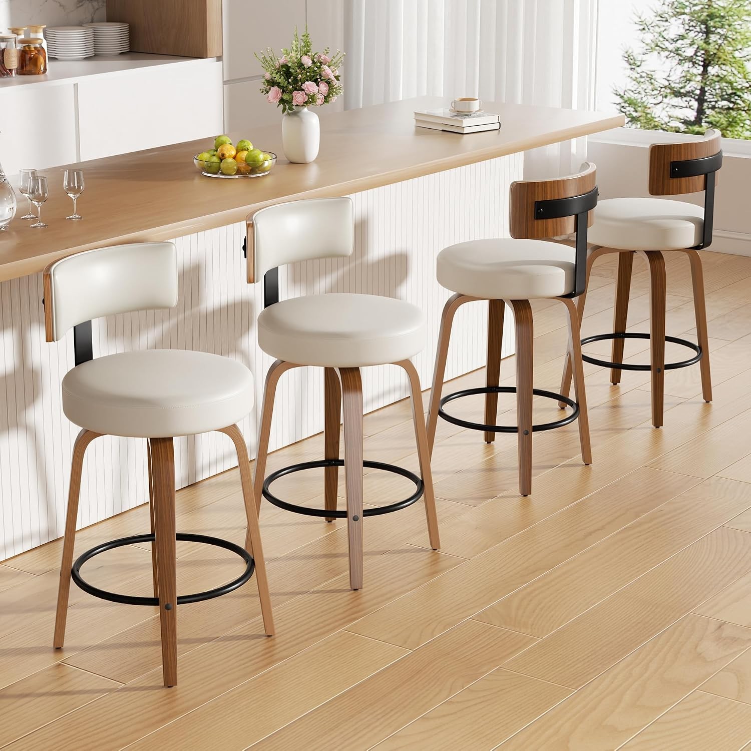Swivel Bar Stools Set of 4 26" Faux Leather Upholstered Counter Height Bar