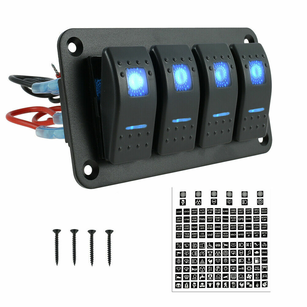 4 Gang Blue LED Toggle Rocker Switch Panel Breakers Car Marine Boat RV 12V