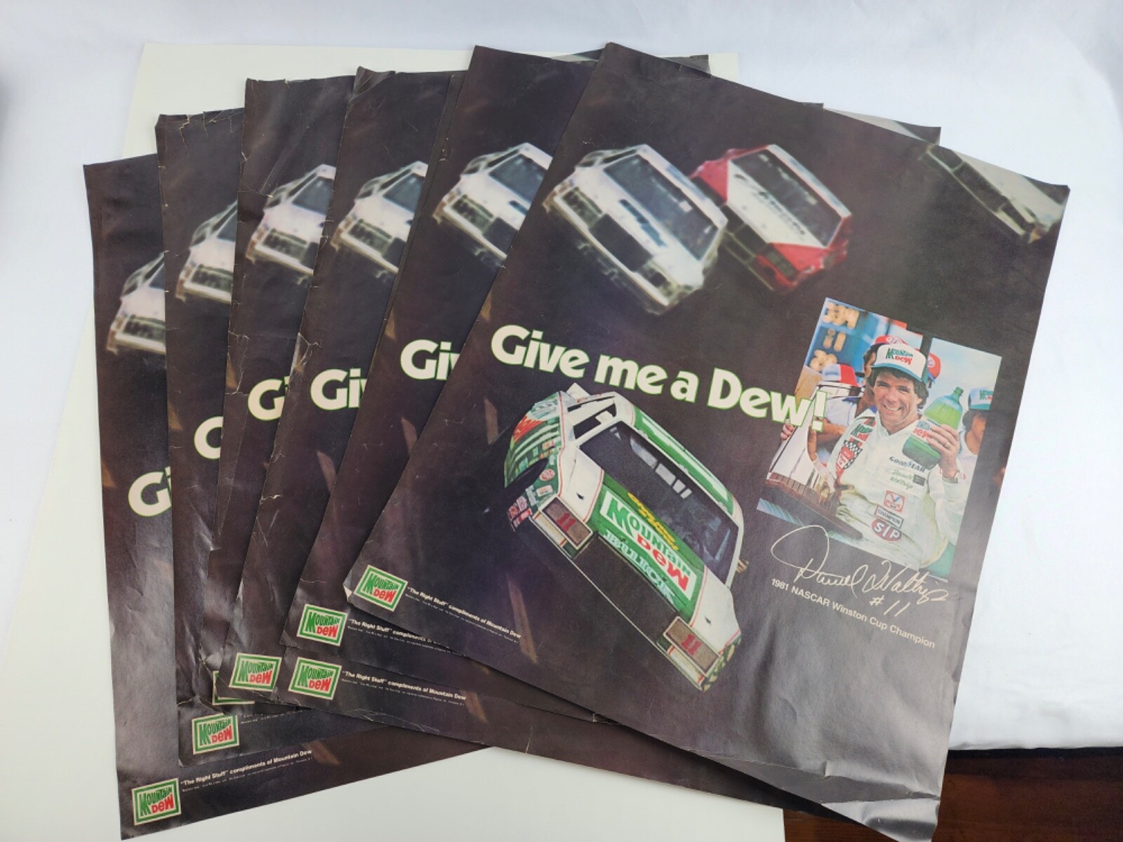 Lot of 7 Mountain Dew Give me a Dew! Darrell Waltrip Nascar Poster 1981 22"x17"