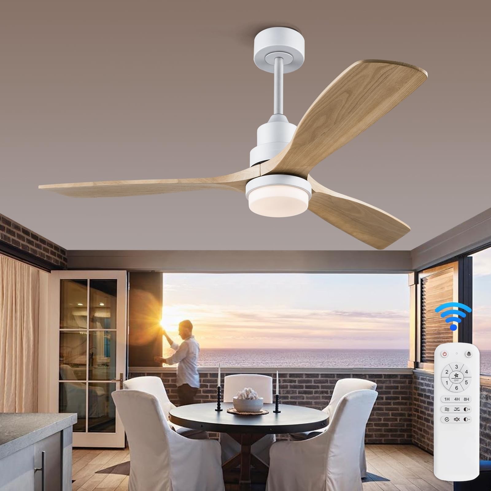 52 Inch Solid Wood Ceiling Fans with Lights, White Modern Ceiling Fan Light w...
